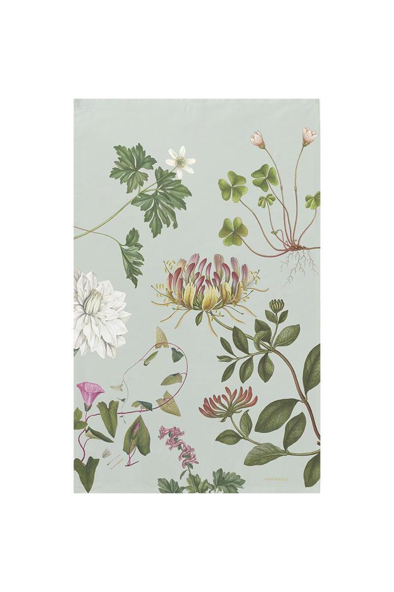 Floral organic cotton tea towel with green leaves and pink flowers on a light blue background.