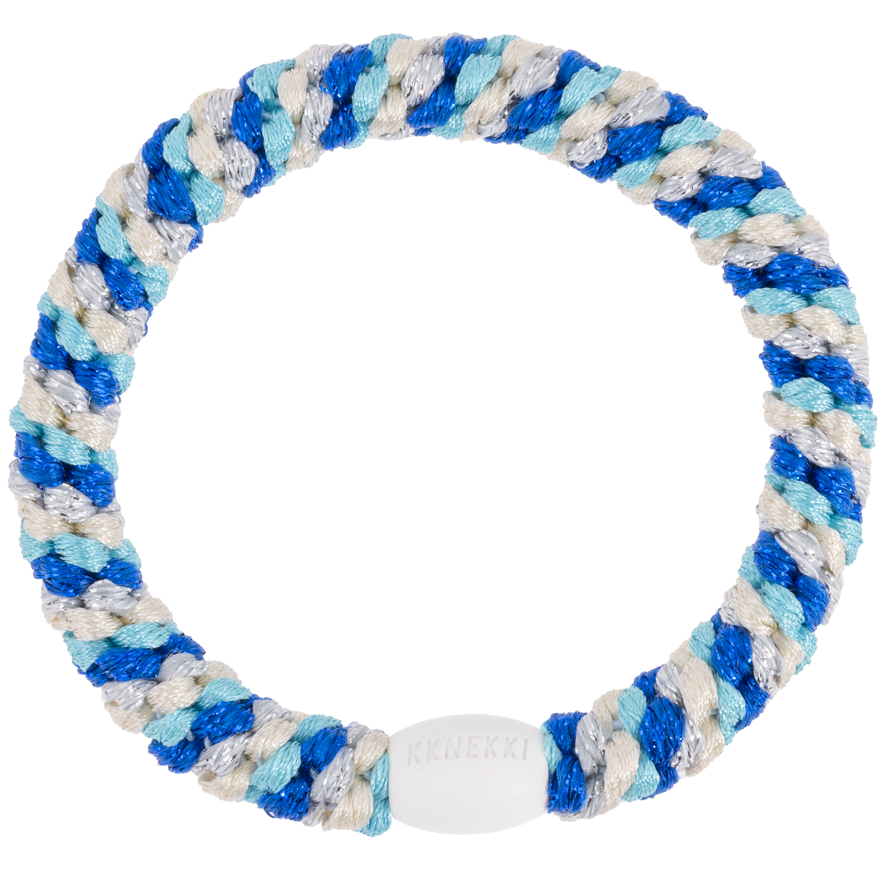 A braided Kknekki hair tie featuring alternating blue, light blue, and silver threads with a branded white bead