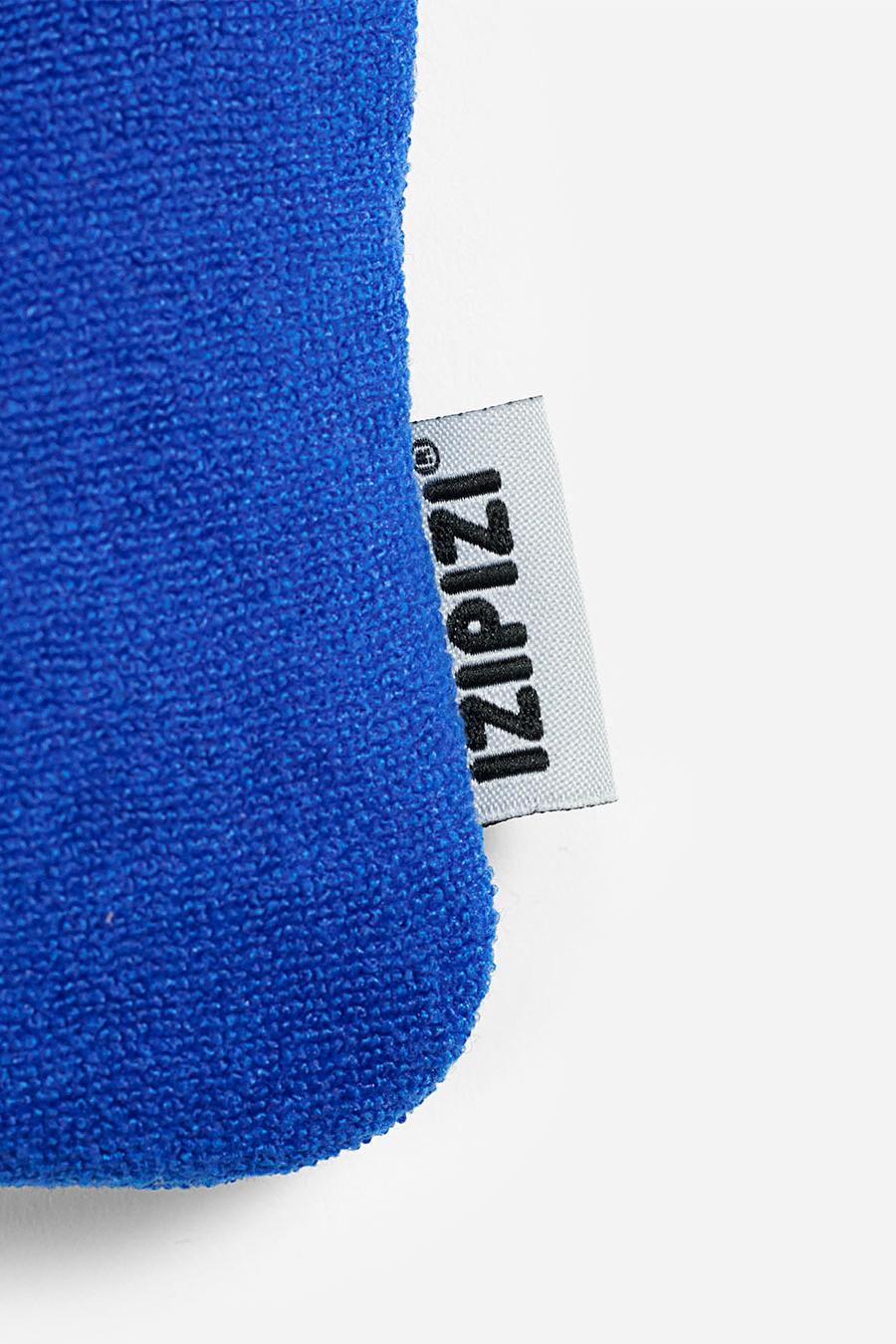 Close-up of a bright blue Izipizi glasses pouch showing the brand label