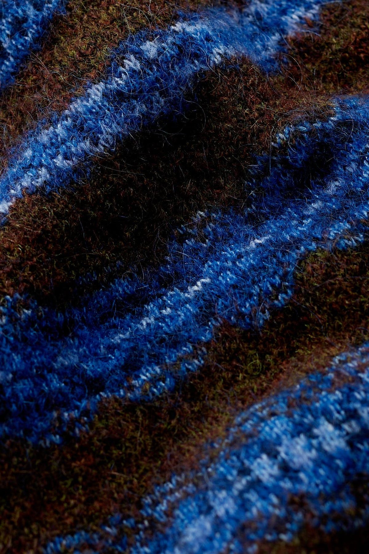 Close-up fabric texture of a brown and blue striped mohair fairisle winter jumper