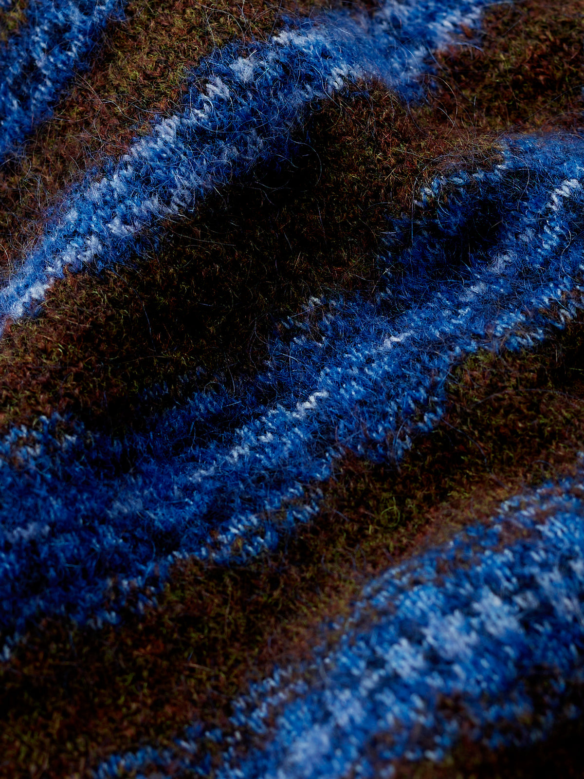 Close-up fabric texture of a brown and blue striped mohair fairisle winter jumper