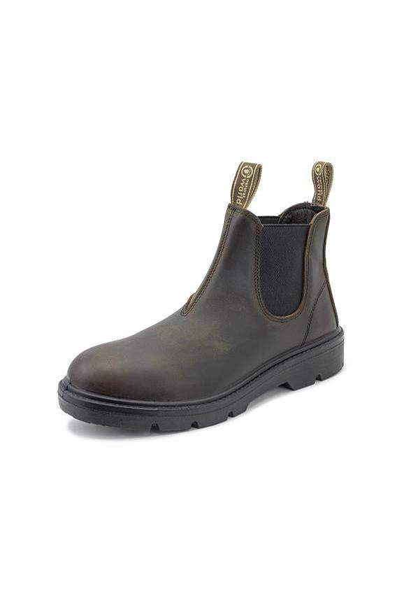 A dark brown leather Chelsea boot with a black elastic side panel and a black rubber sole, featuring pull tabs with 'BROWN' branding.