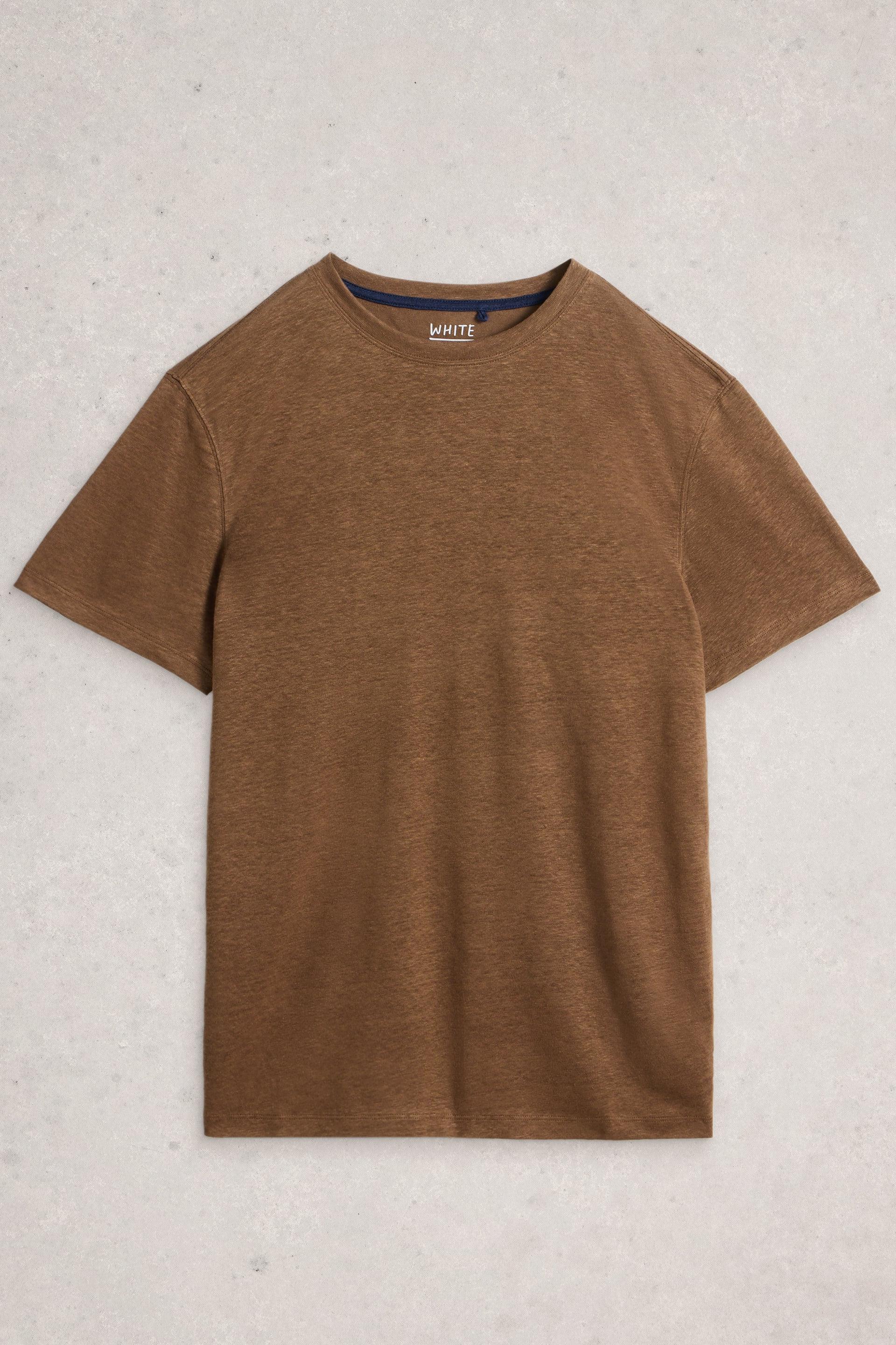 A high-quality brown mens linen t-shirt displayed flat against a neutral light grey background.