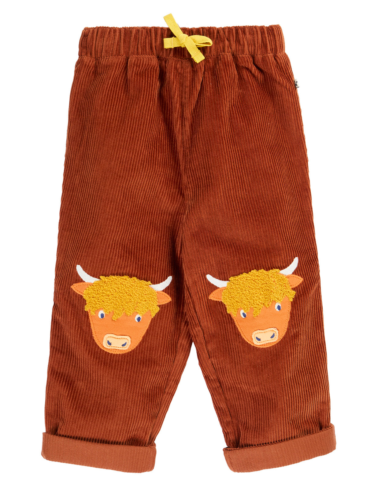 Brown corduroy trousers for boys featuring embroidered highland cow patches on the knees.