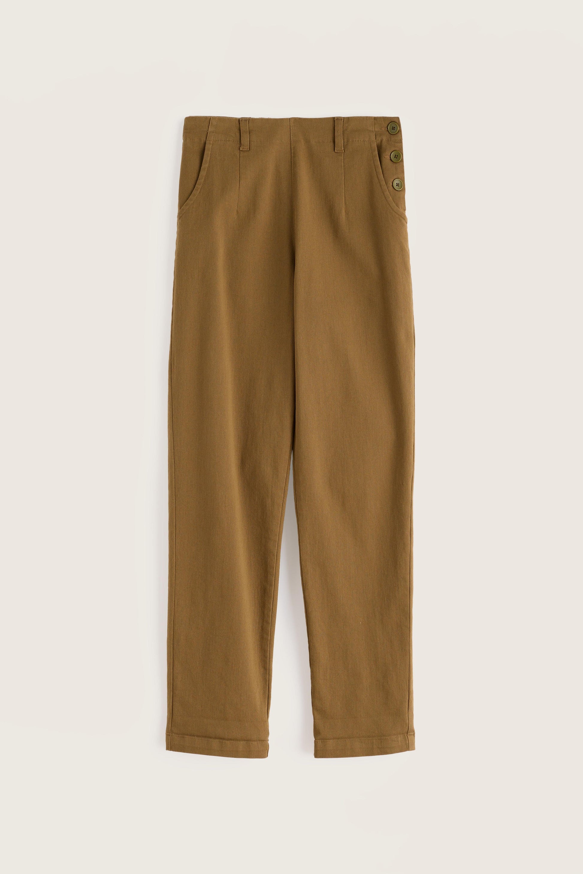 A pair of straight-leg trousers in a warm camel brown color, featuring belt loops, side pockets, and three decorative buttons on the back waistband, displayed flat against a light beige background.