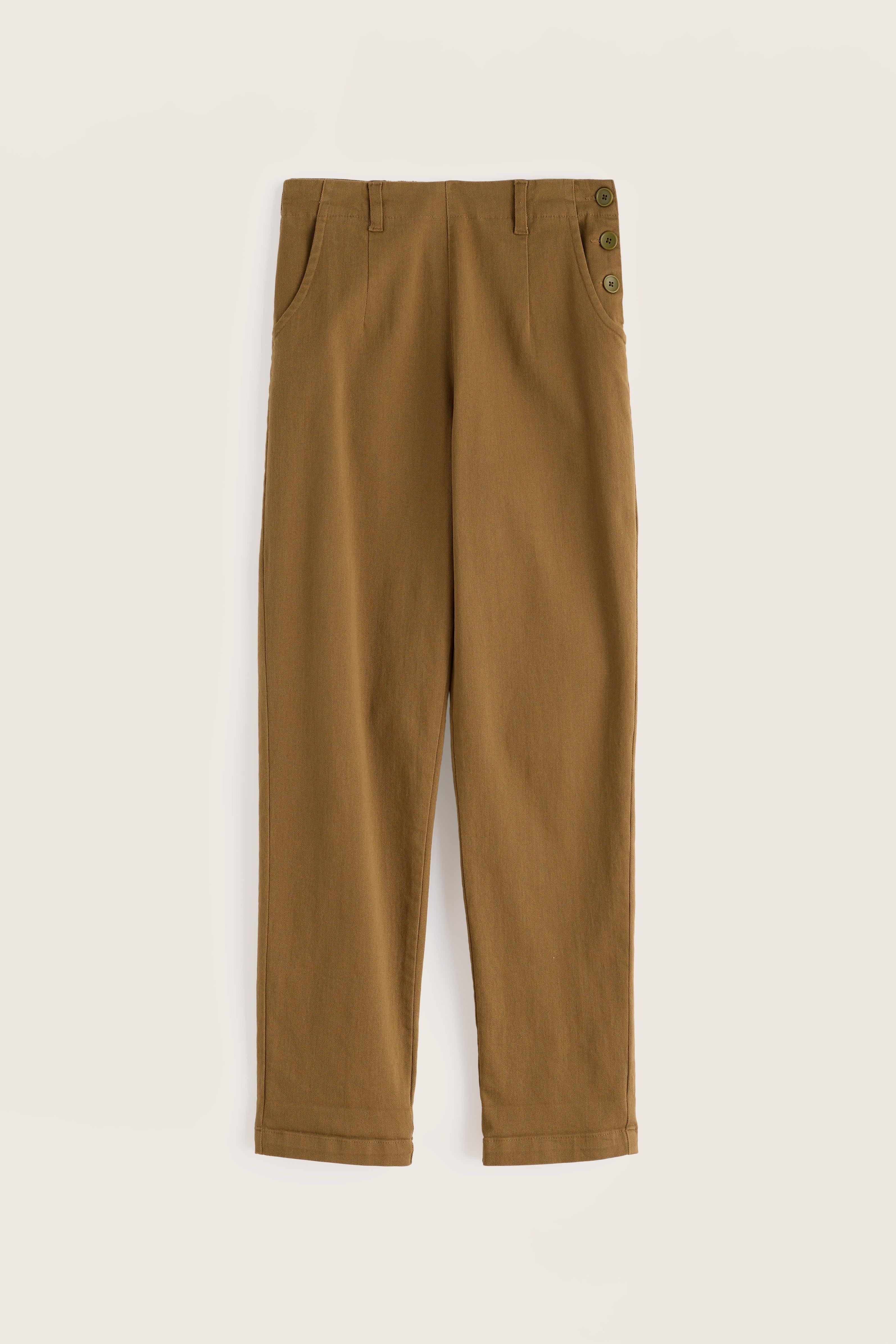 A pair of straight-leg trousers in a warm camel brown color, featuring belt loops, side pockets, and three decorative buttons on the back waistband, displayed flat against a light beige background.