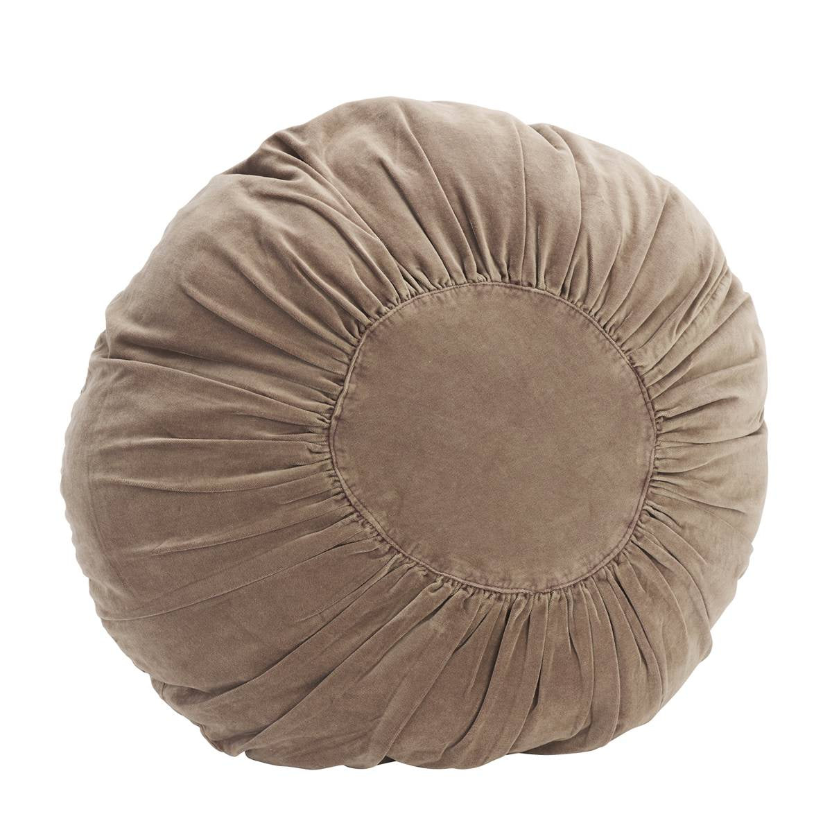 A round, plush pouf or floor cushion in a taupe-brown velvet fabric, featuring a gathered center and pleated texture, shown against a plain white background.
