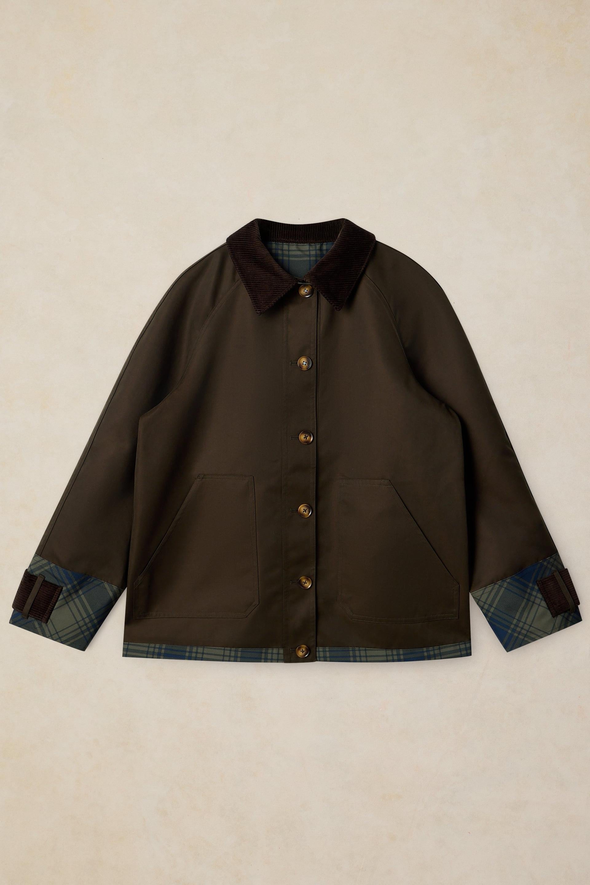 Brown jacket with plaid trim on a beige background