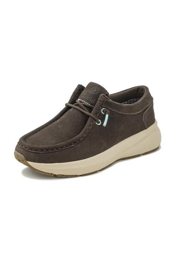 A single dark brown suede slip-on shoe with a thick cream-colored sole, featuring a small light blue accent on the side and a tan outsole.