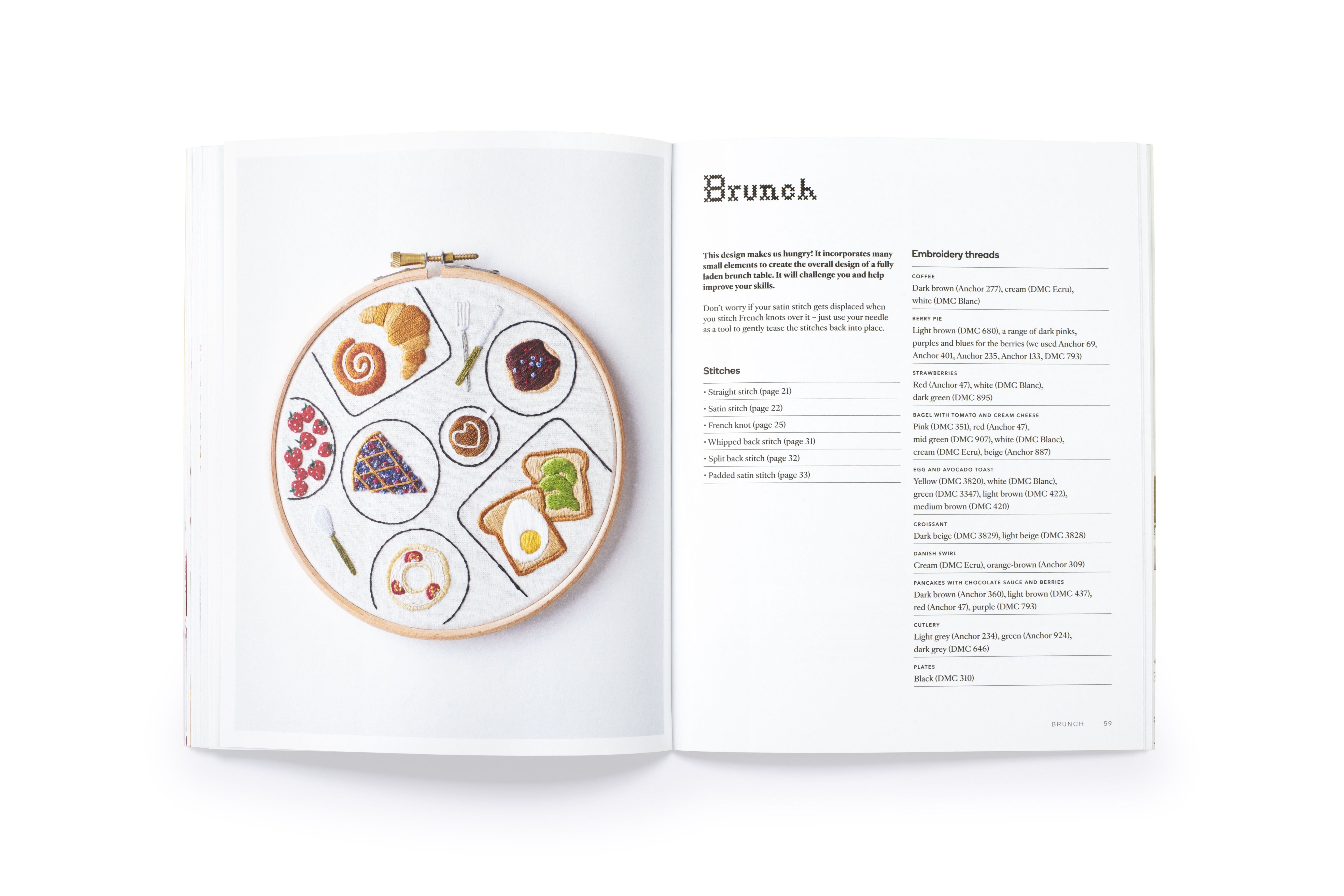 A page from an embroidery book featuring a hoop with stitched brunch items like a croissant, toast, and berries.