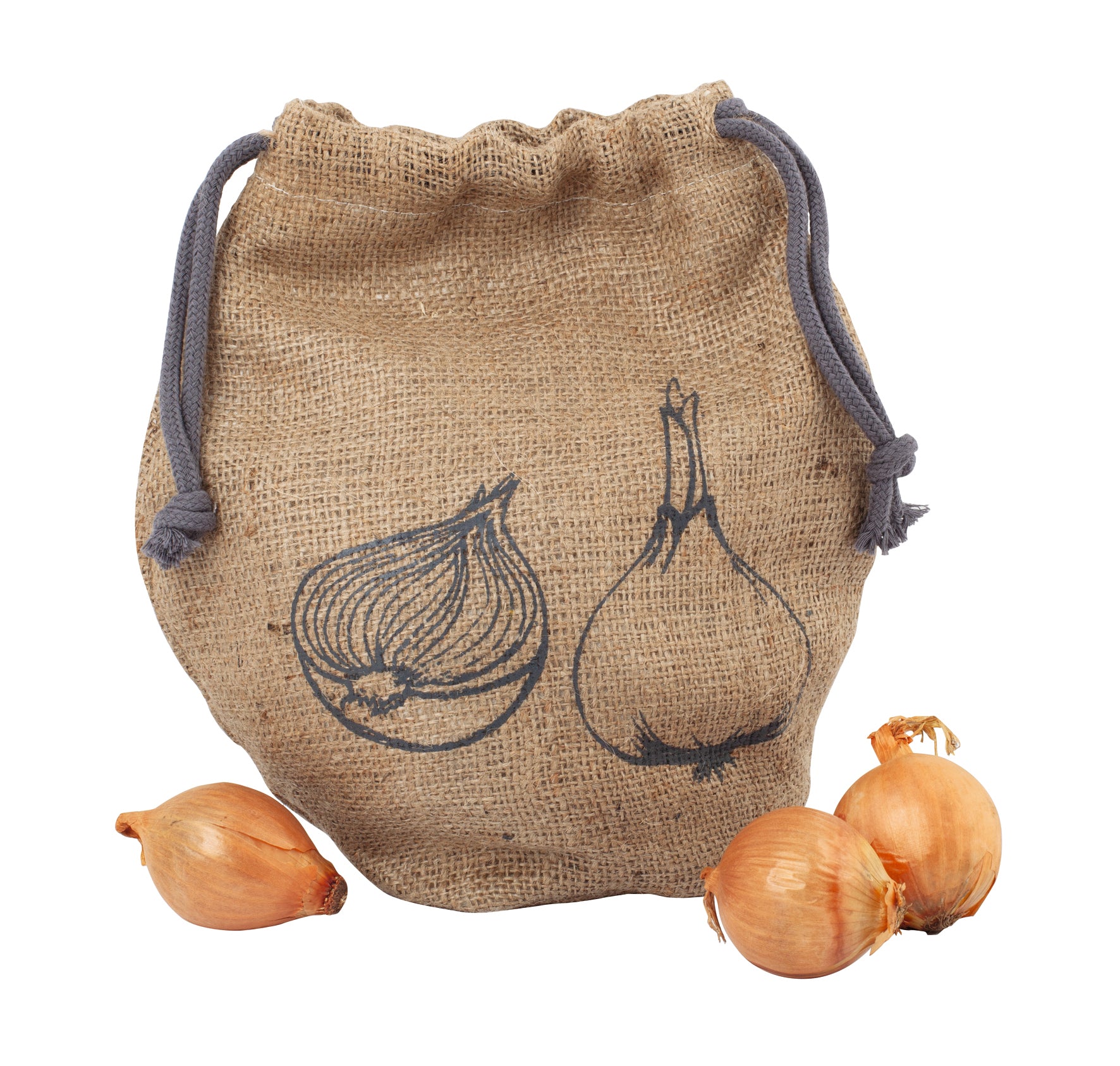 Hessian drawstring bag with onion design, accompanied by real onions on a white background