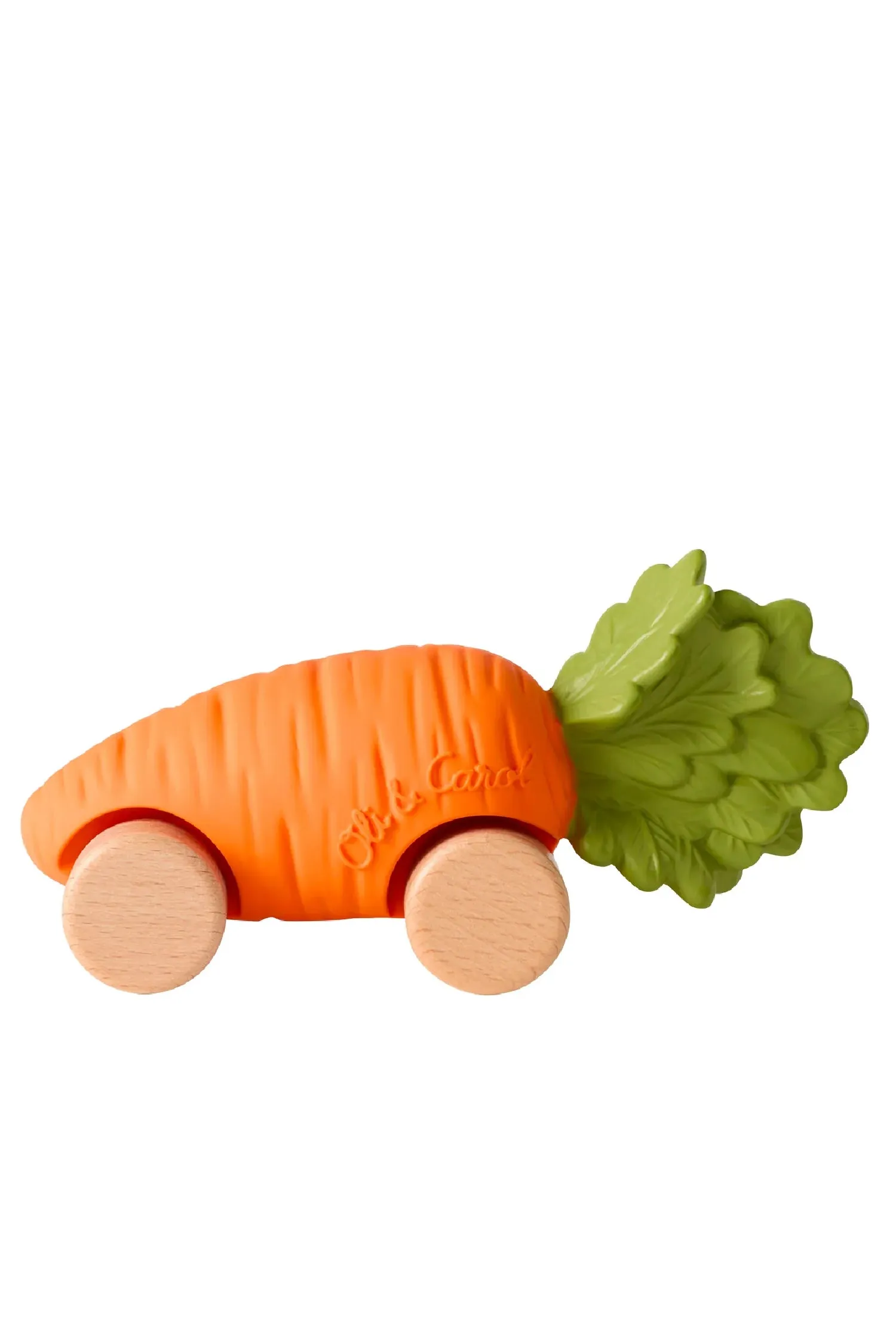 Carrot-shaped toy with wooden wheels on a white background