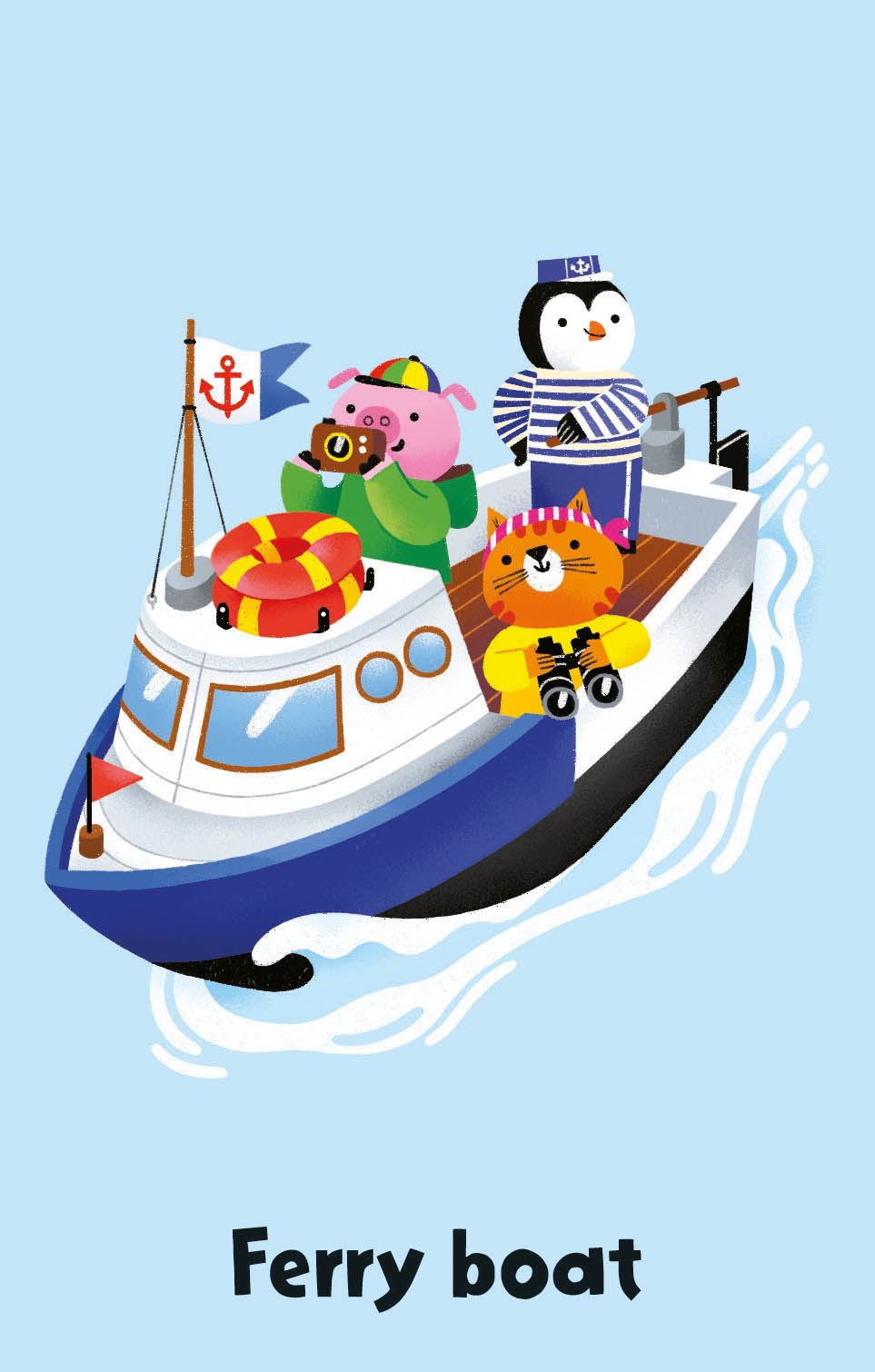 A cartoon illustration of a pig, penguin, and cat riding a ferry boat on the water