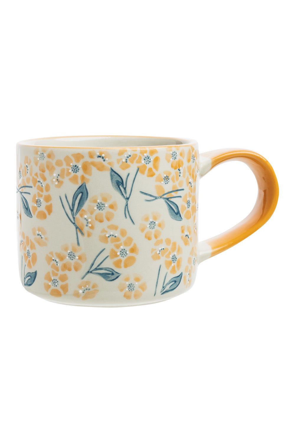 Ceramic coffee mug with a yellow floral pattern on a cream background and an orange handle.