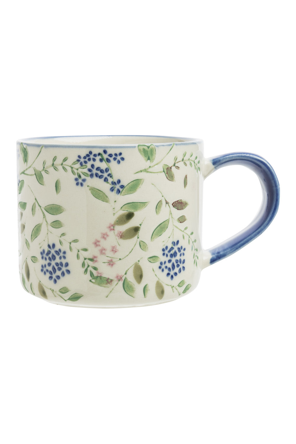 Ceramic coffee mug decorated with a delicate blue and green floral vine pattern and a solid blue handle.