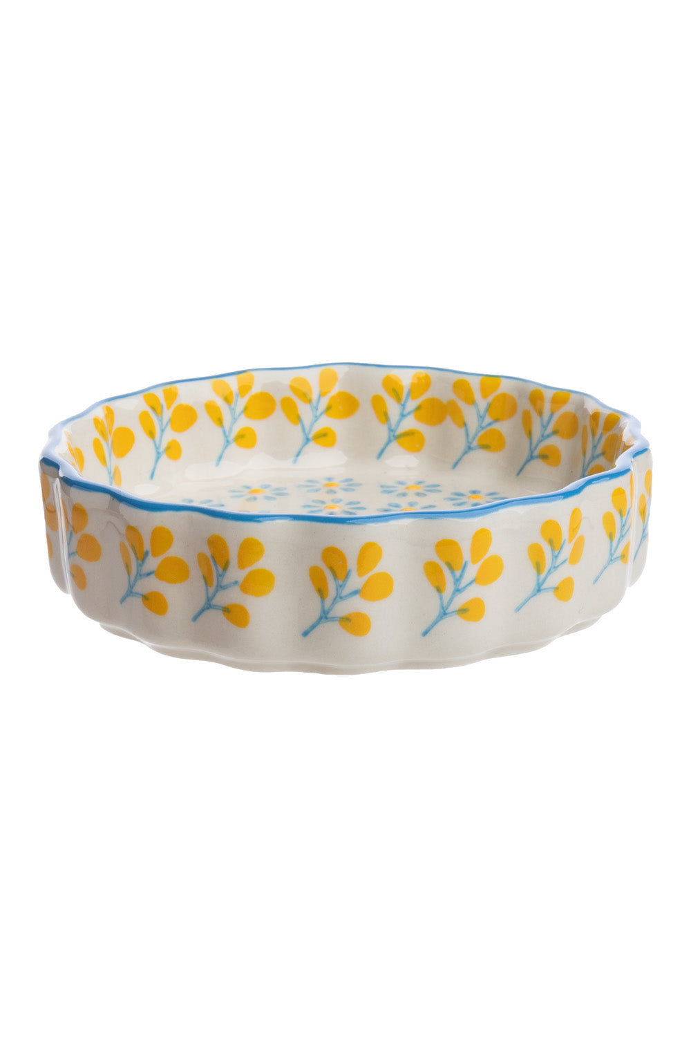 Decorative ceramic dish with yellow floral pattern on a white background