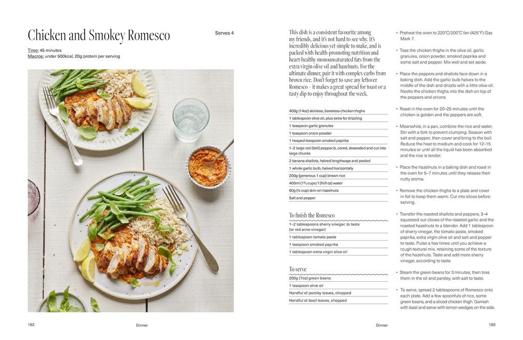 Recipe page for Chicken and Smokey Romesco with plates of food and a glass on a white surface.