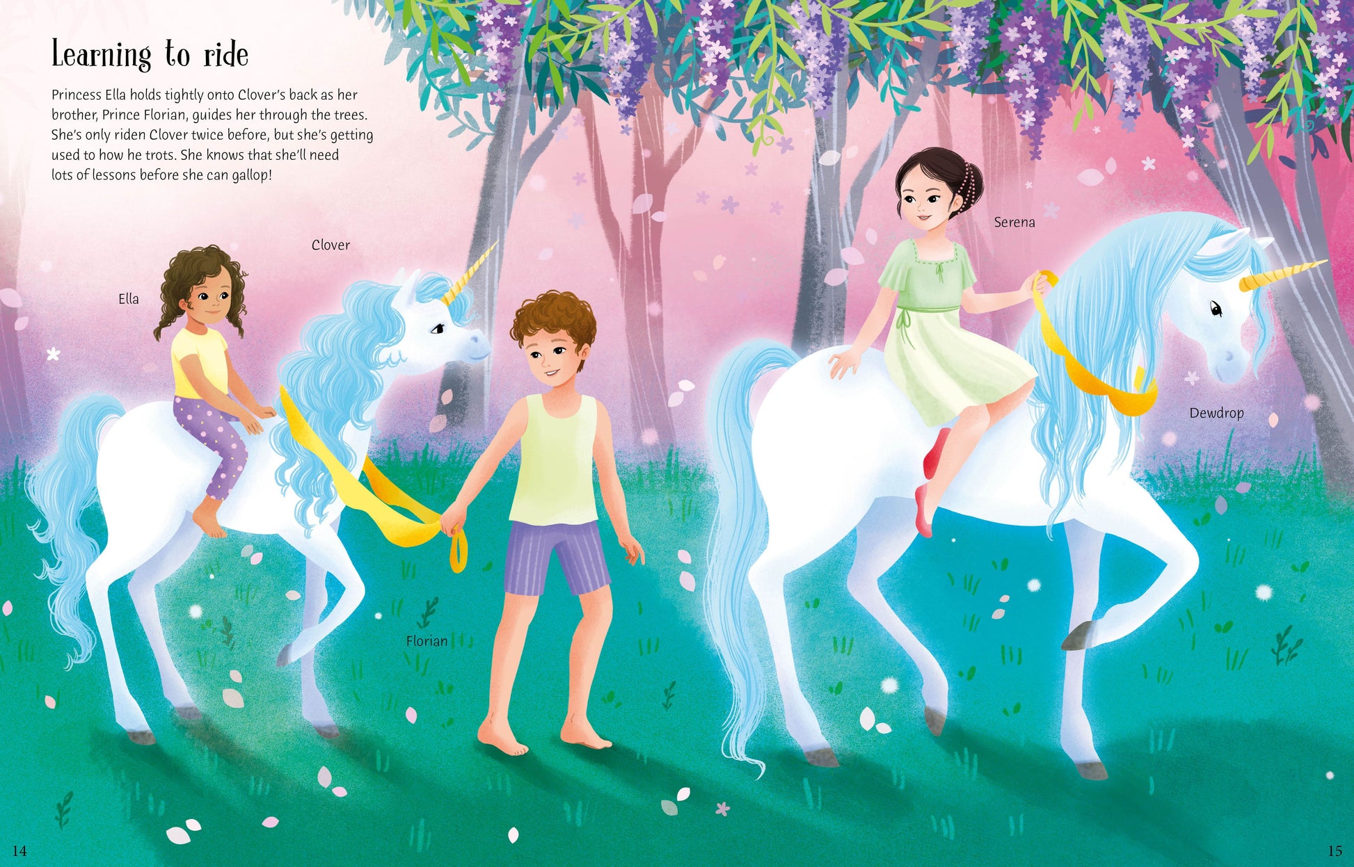 Illustration of children riding unicorns in a fantasy forest setting