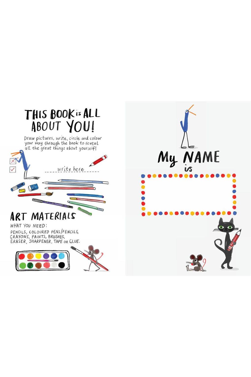 Children's book activity page with art materials and a space to write 'My Name is'.