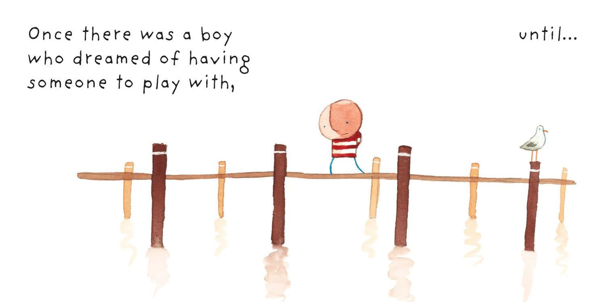 Illustration of a boy standing on a wooden bridge with a text about dreams of play.