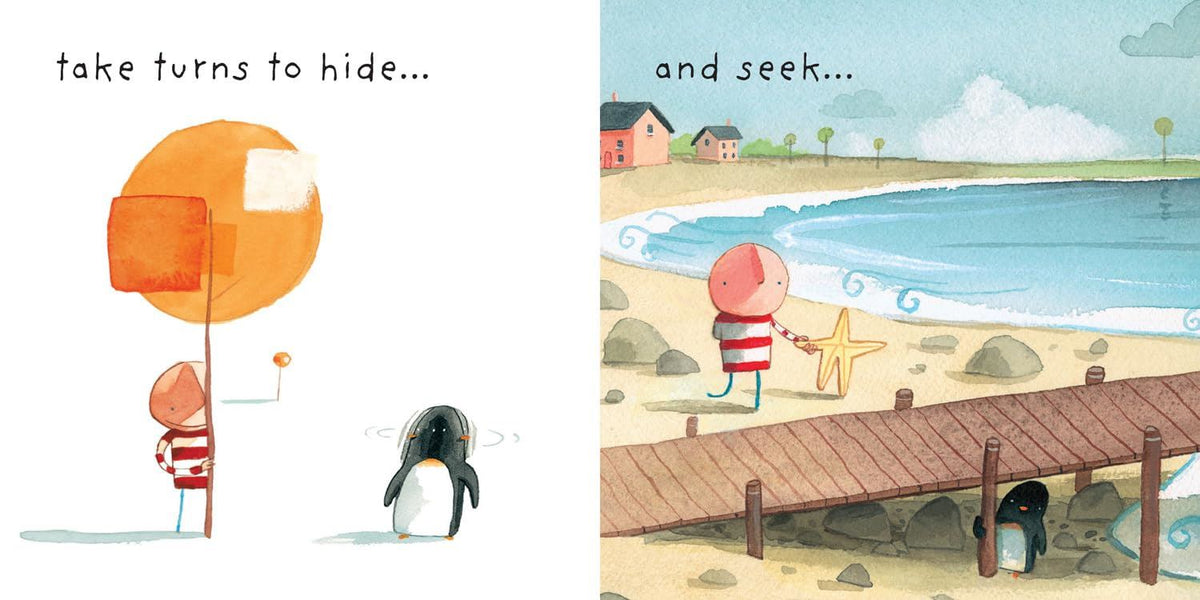 Illustrated children's book page with a child, penguin, and starfish on a beach.