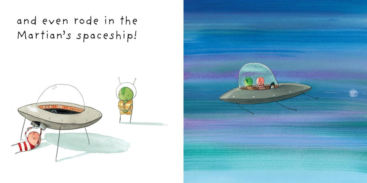 Illustration of a Martian and a human in a spaceship with text about riding in the Martian's spaceship.