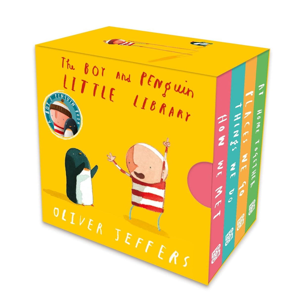 Box set of 'The Boy and Penguin' books by Oliver Jeffers with colorful covers and illustrations.