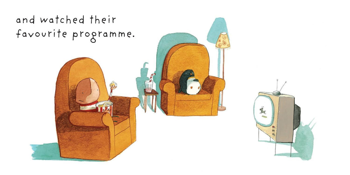 Illustration of two animals sitting on chairs watching television with text above.
