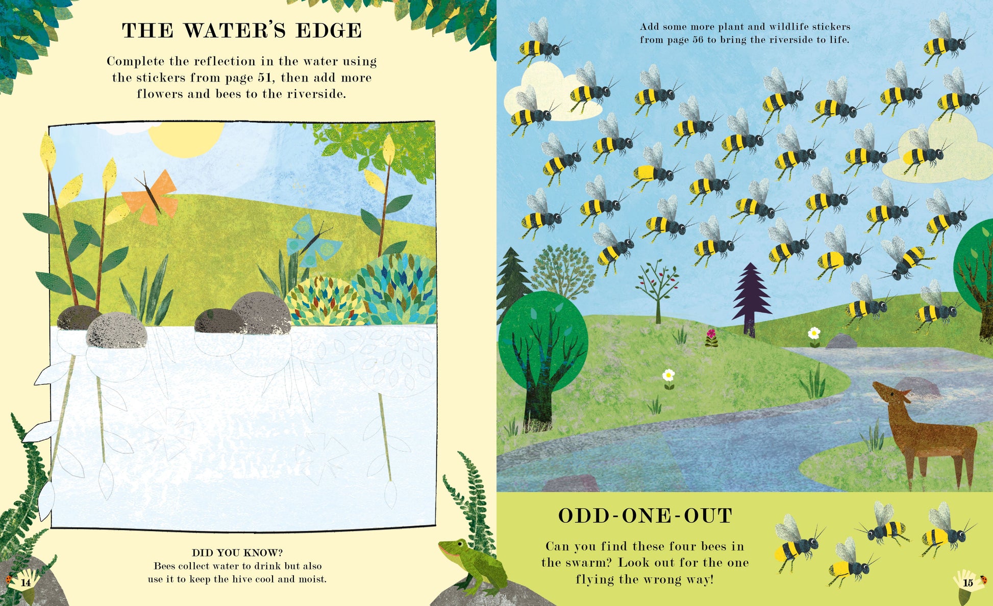 Activity book pages featuring a riverside scene, bee stickers, and educational tasks for children.
