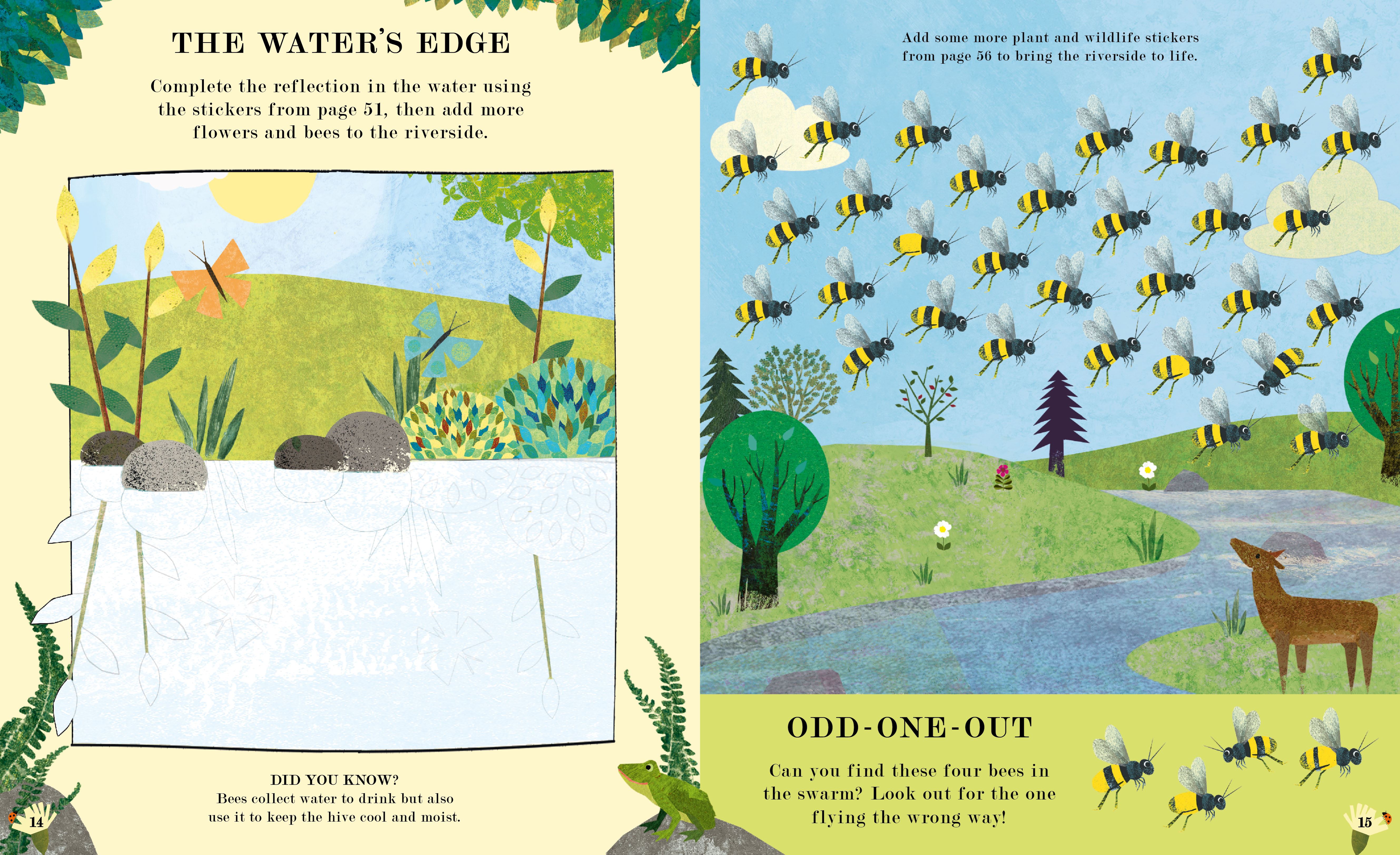 Activity book pages featuring a riverside scene, bee stickers, and educational tasks for children.