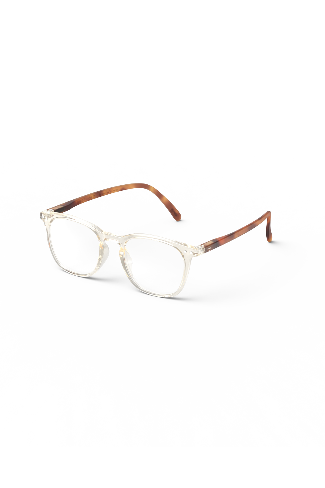 Fashionable clear frame readers with brown tortoiseshell temples on a white background