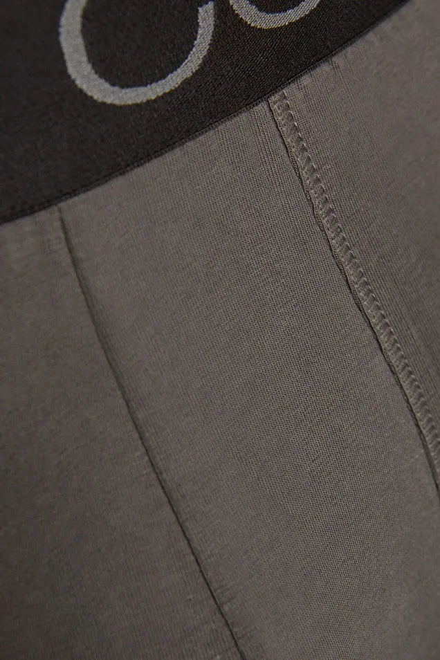 Close-up of a grey Comazo organic cotton men's underwear waistband with branded elastic.