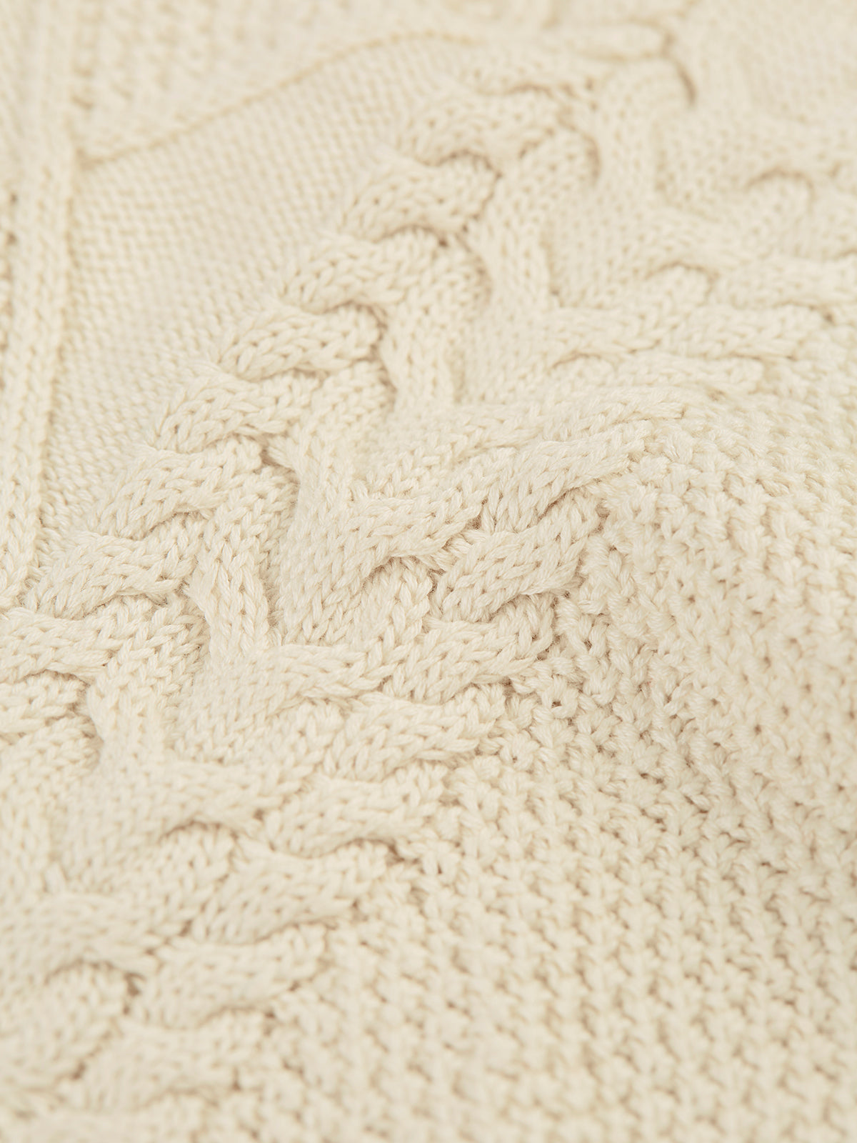 Close-up of a cream-colored organic cotton jumper featuring a traditional cable knit Aran pattern.