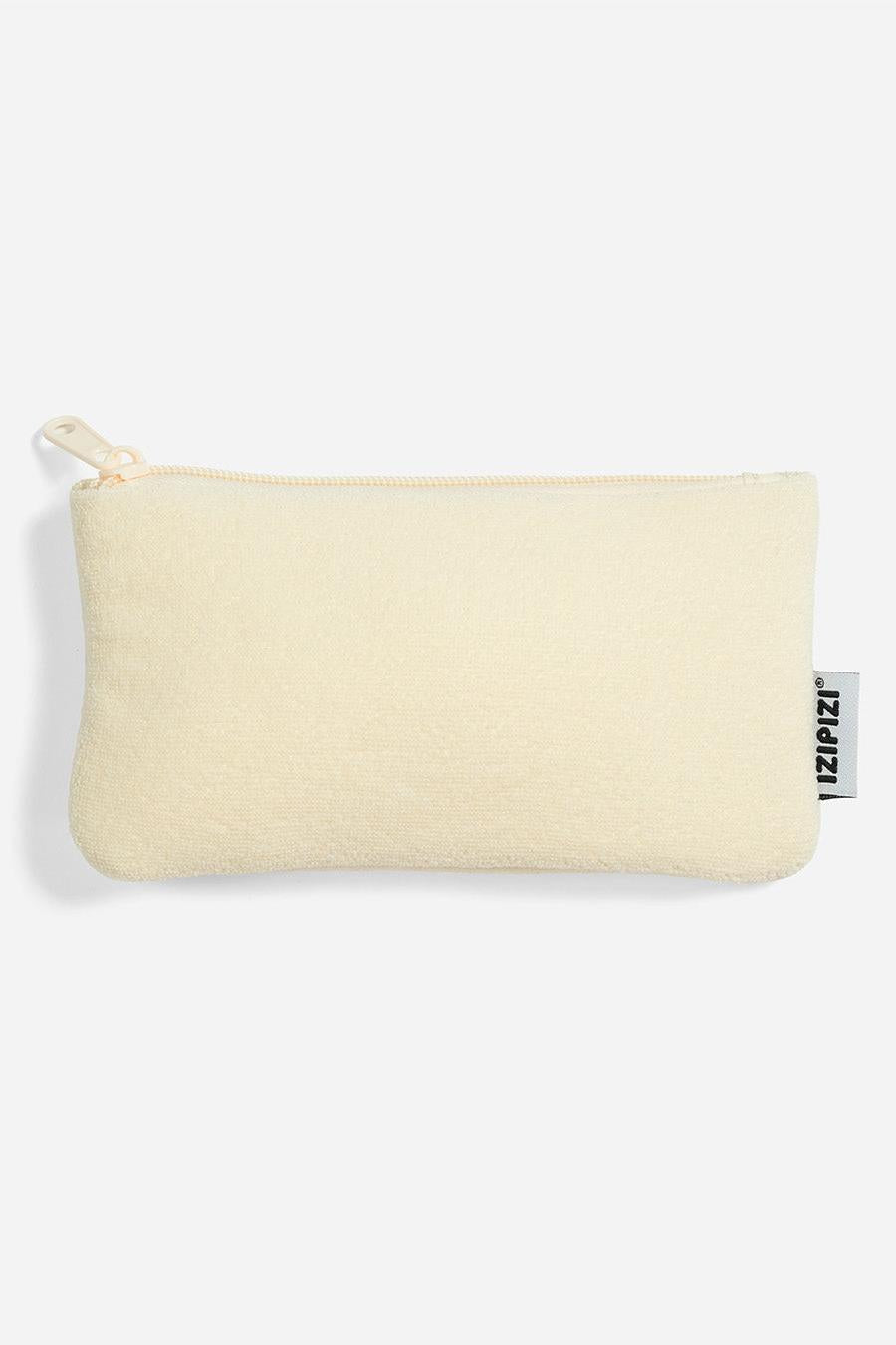 A rectangular cream-colored terry cloth glasses pouch with a zipper closure and Izipizi brand tag