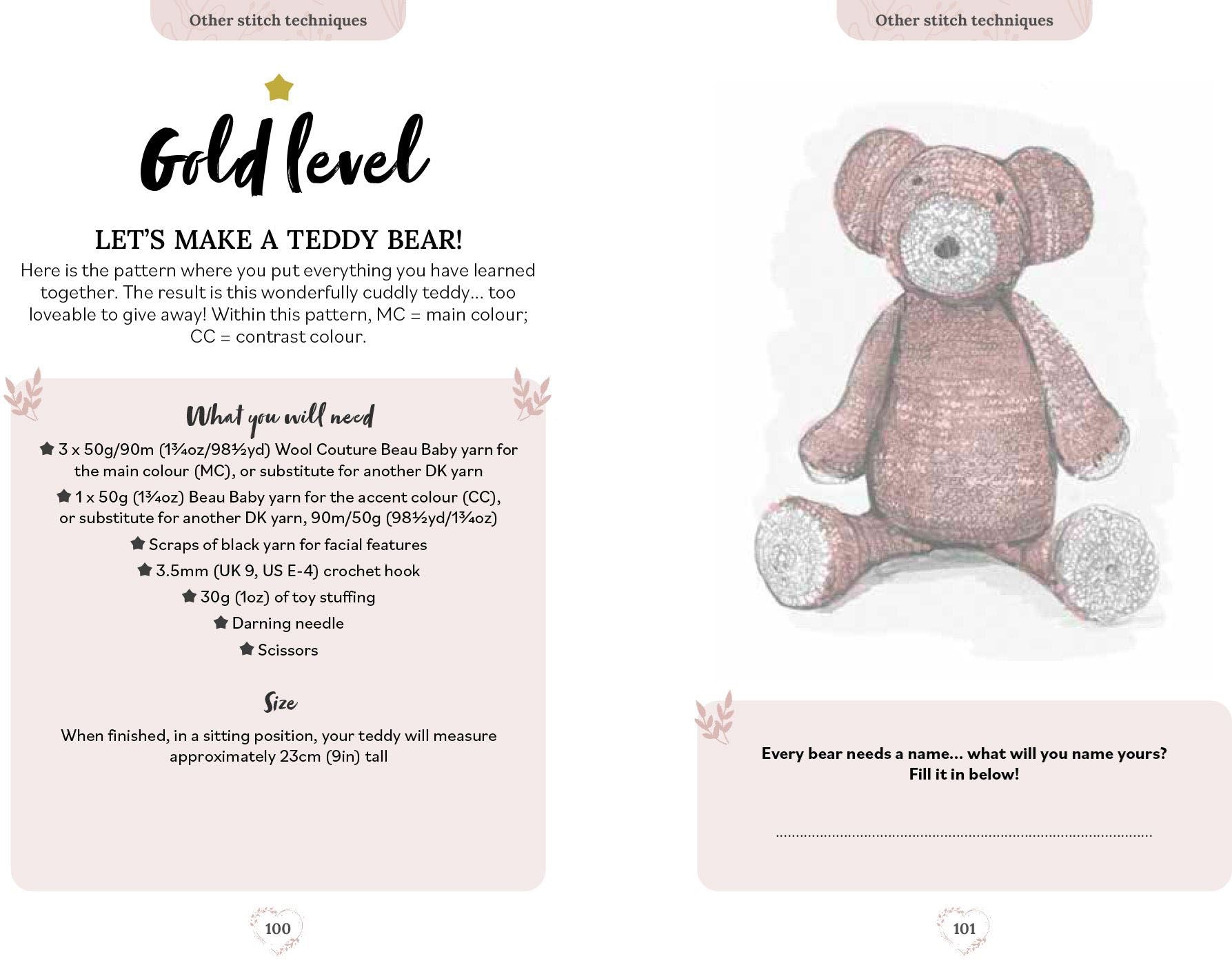 Page from a craft book showing a teddy bear pattern with a completed teddy bear illustration.