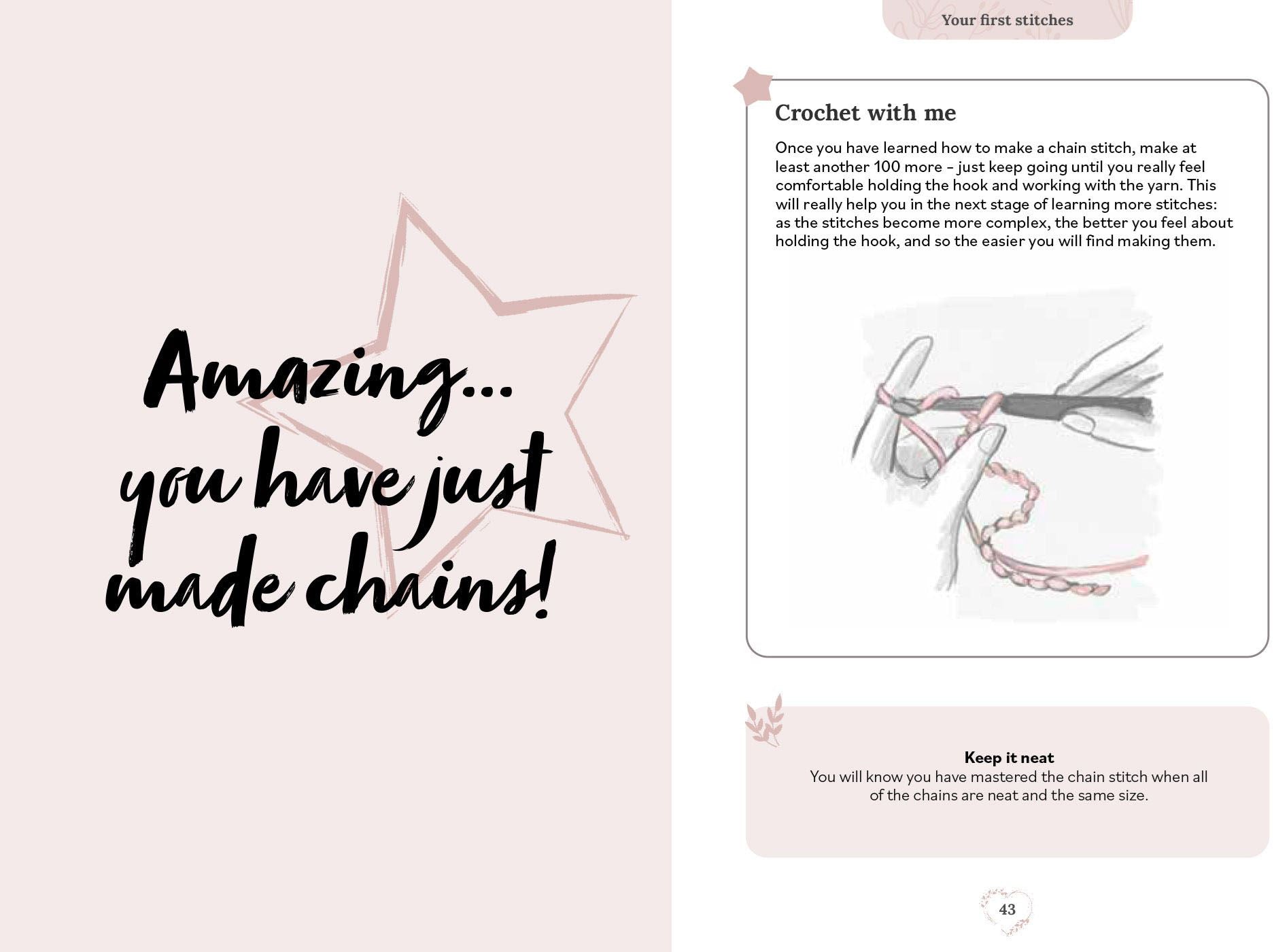 Crochet tutorial with text and diagrams on a pink background