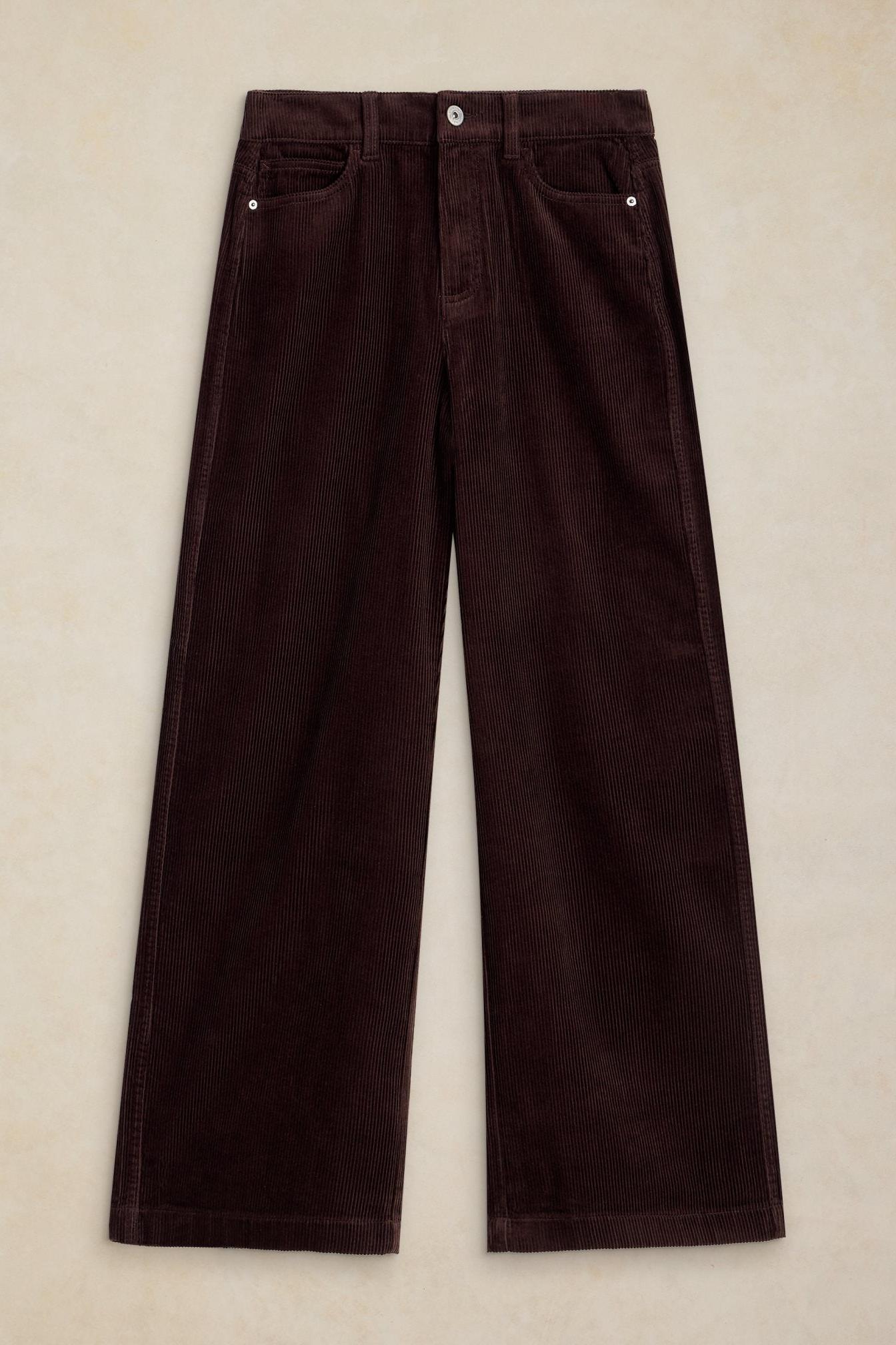 A pair of dark brown women's cord trousers by White Stuff, featuring a straight leg cut and organic cotton material.