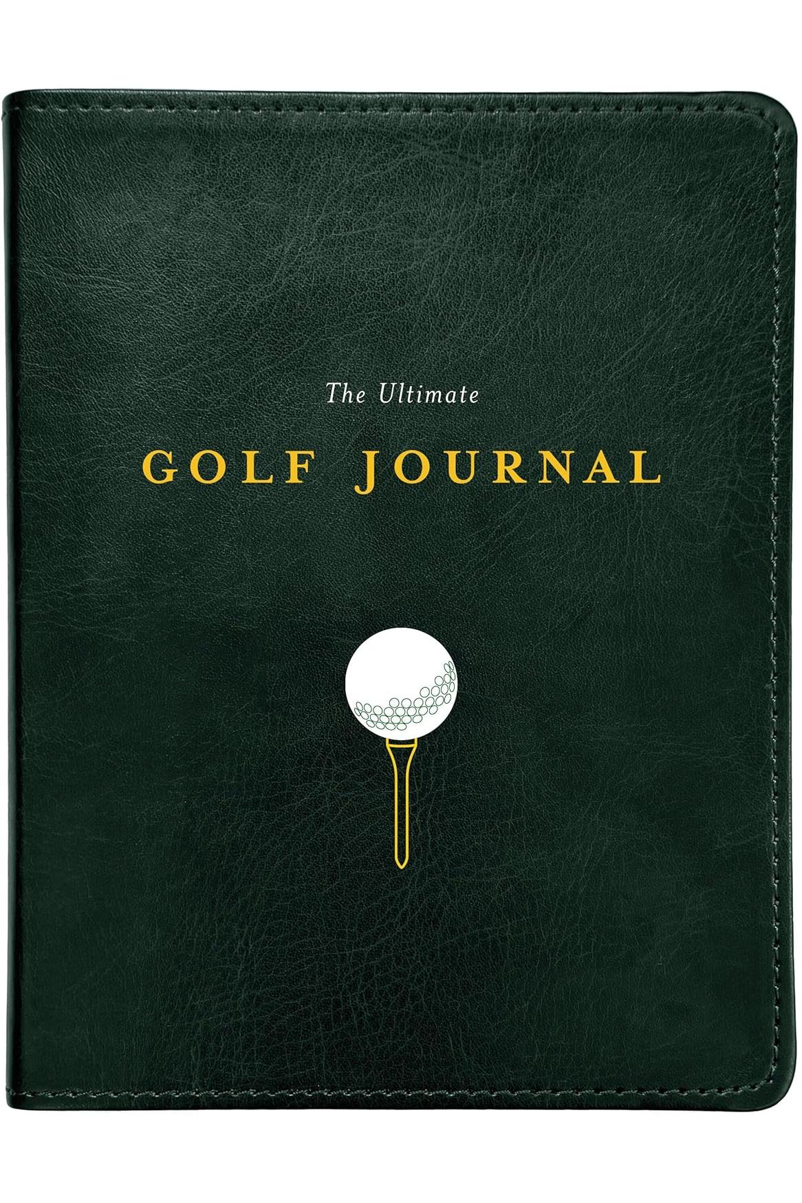 A dark green leather-textured cover of The Ultimate Golf Journal with a golf ball and tee icon.