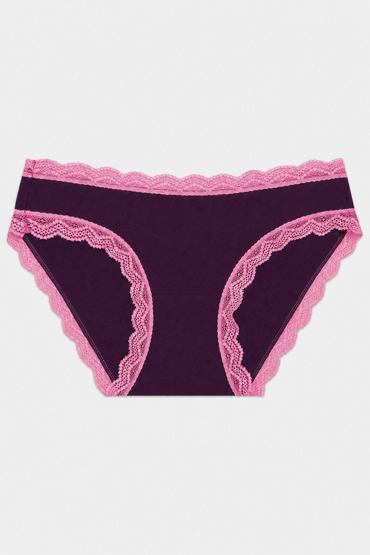 Dark purple women's classic cut underwear with bright pink lace trim details.