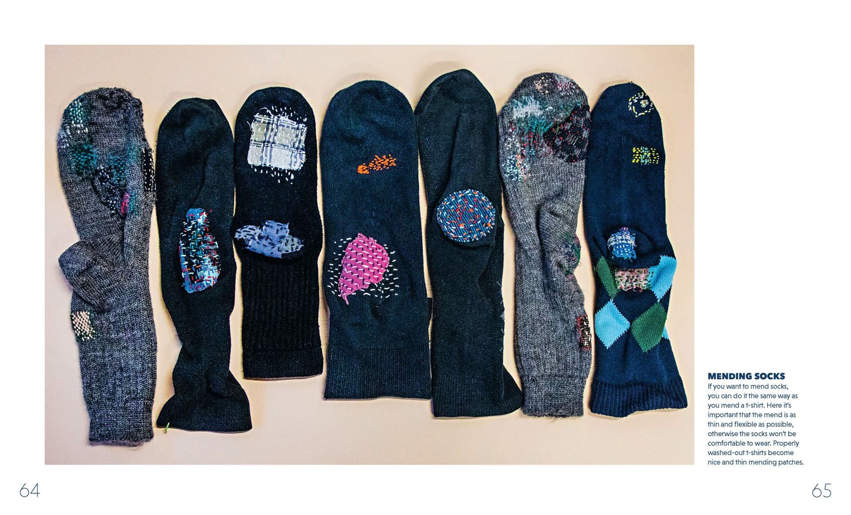 Set of colorful socks displayed on a beige background