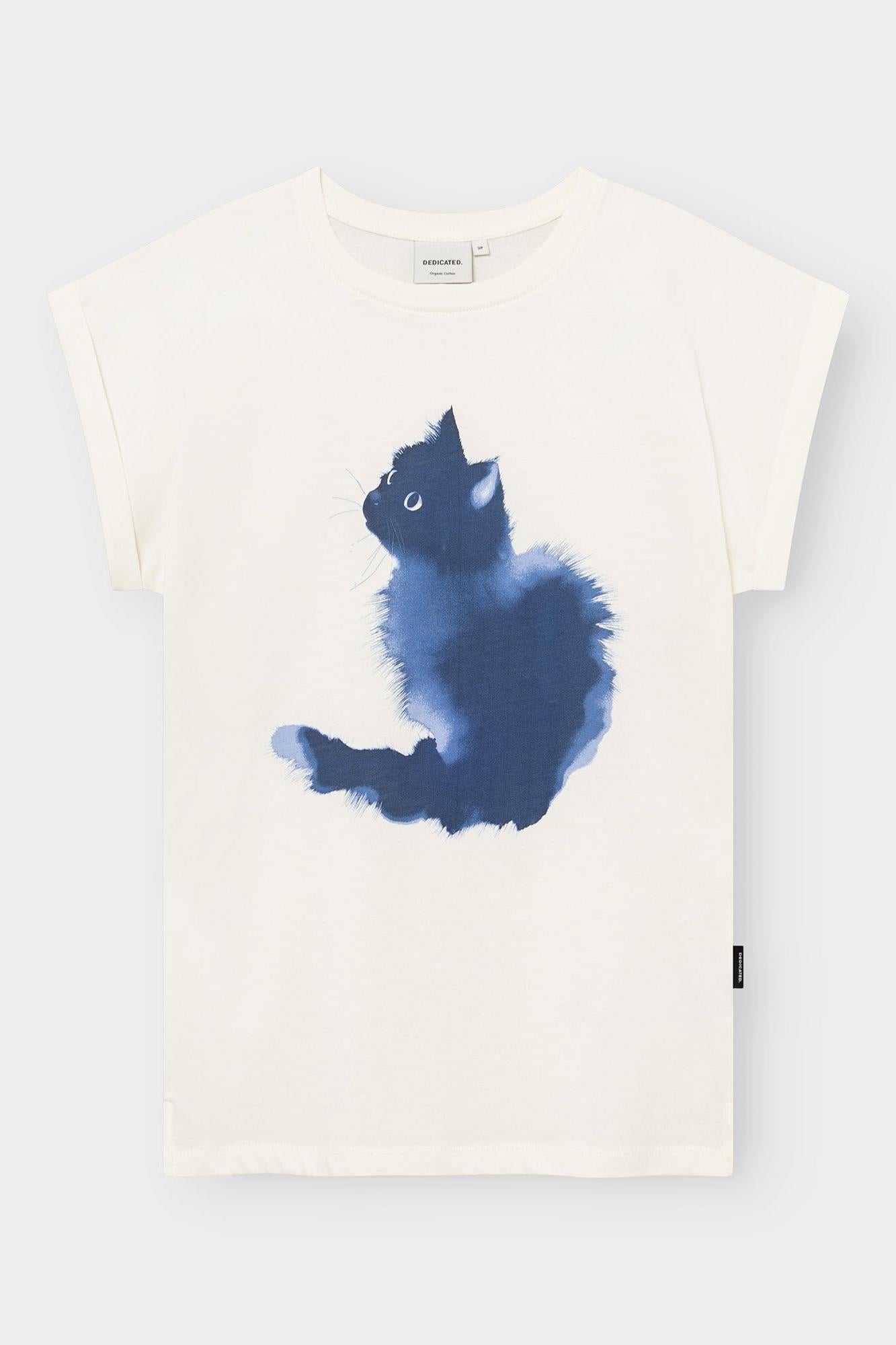 An off-white short-sleeve t-shirt featuring a watercolor-style graphic of a black kitten on the front, displayed against a light gray background.