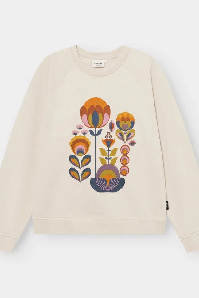 Cream-colored Dedicated women's sweatshirt featuring a colourful retro floral pattern