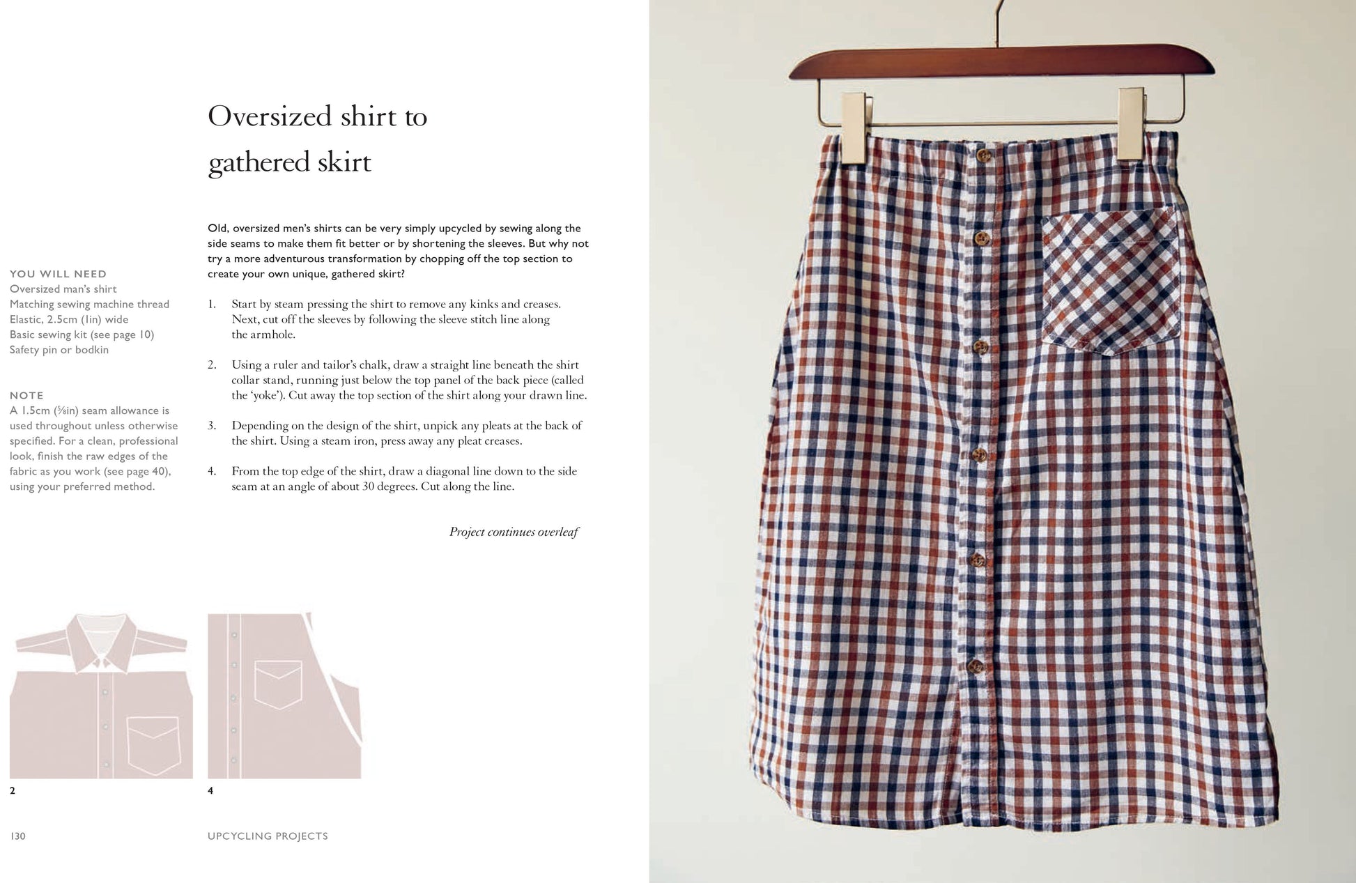 A DIY tutorial page showing how to upcycle an oversized plaid shirt into a gathered skirt