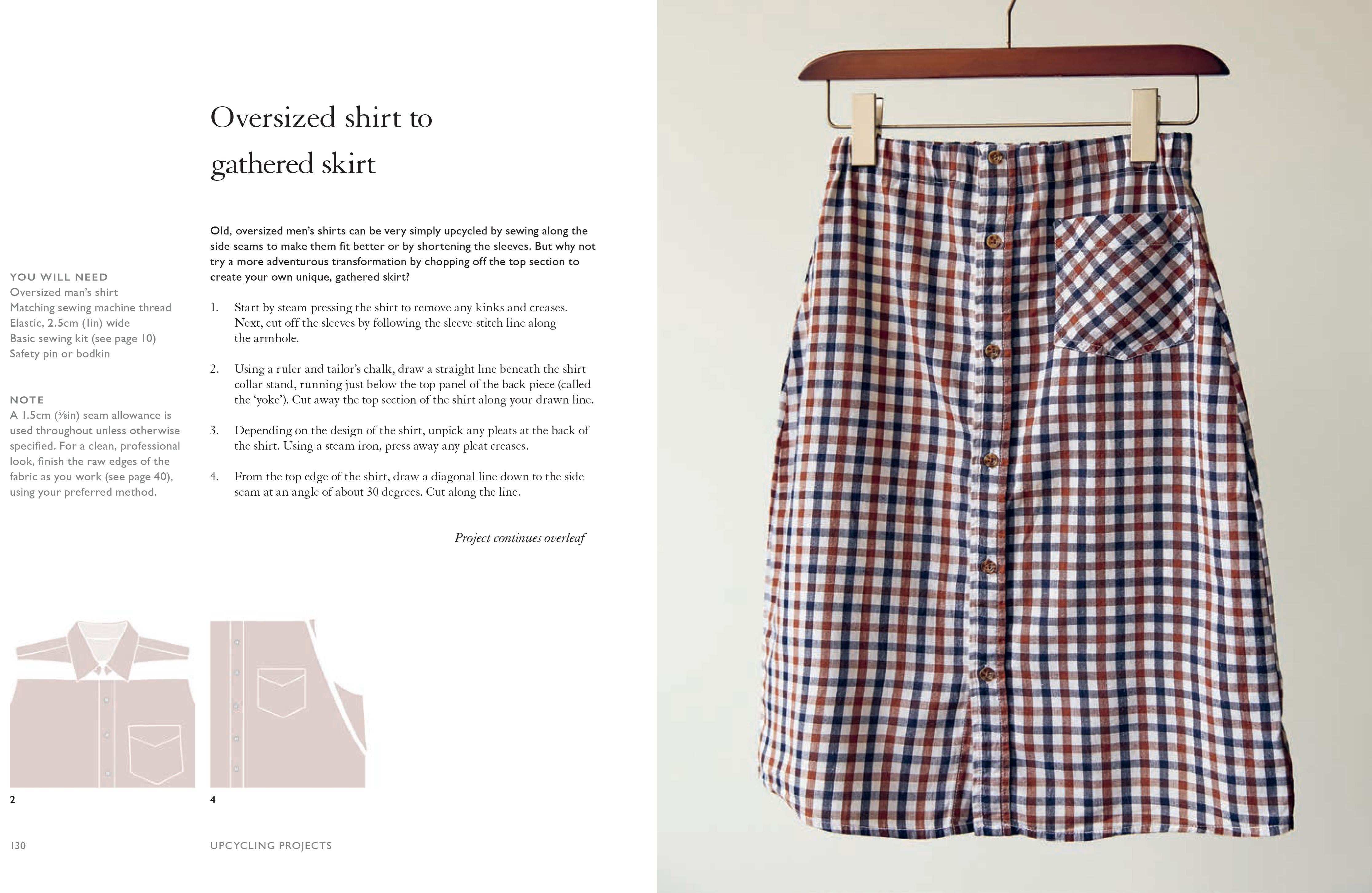 A DIY tutorial page showing how to upcycle an oversized plaid shirt into a gathered skirt