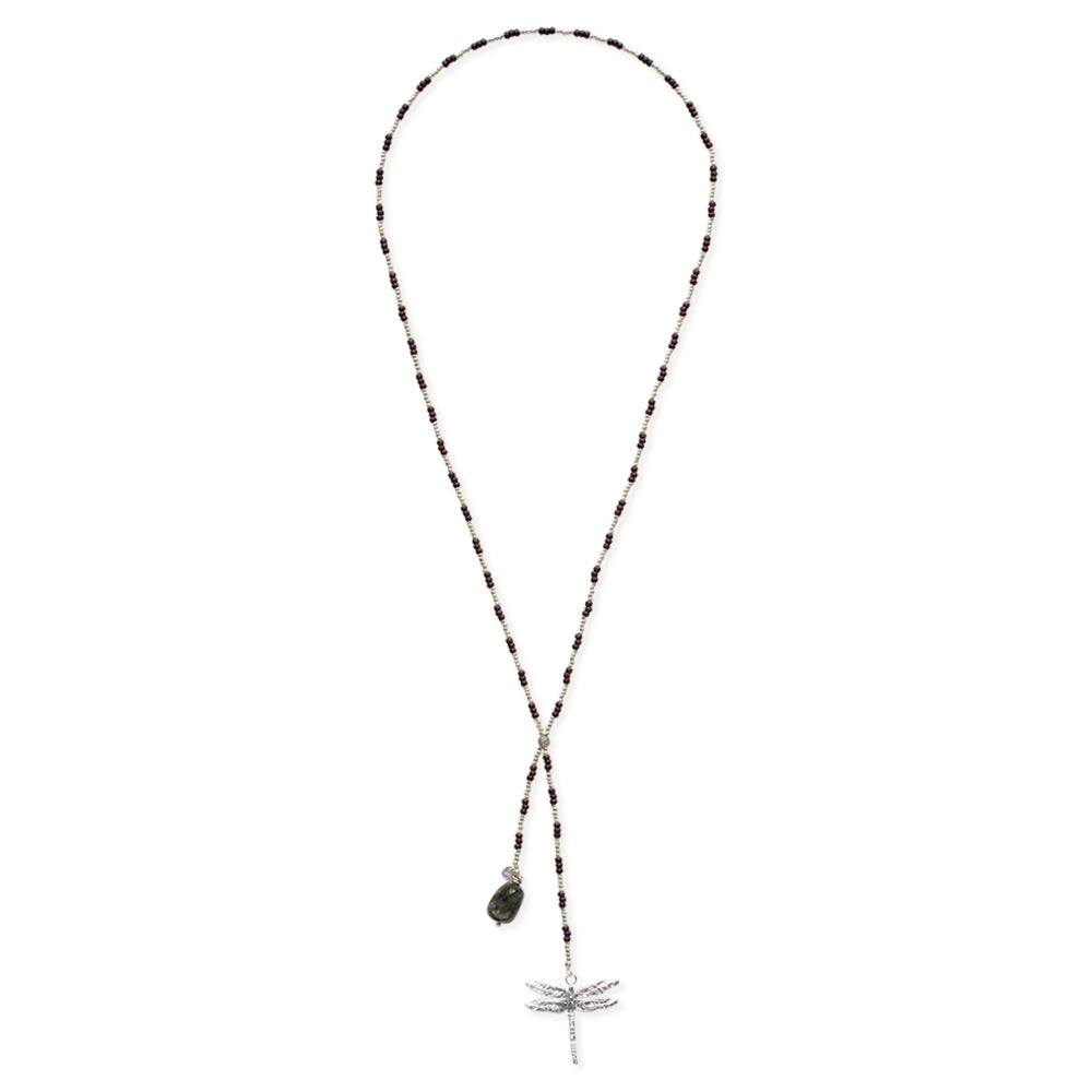 Elegant beaded necklace with a dragonfly pendant and labradorite gemstone charm against a white background.