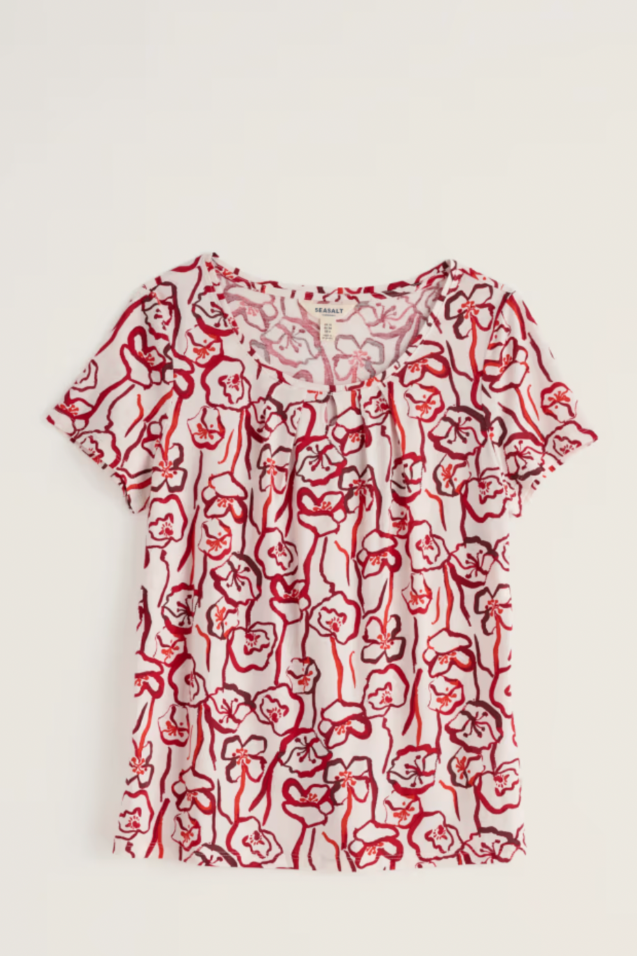 Red floral patterned scoop neck top on a white background