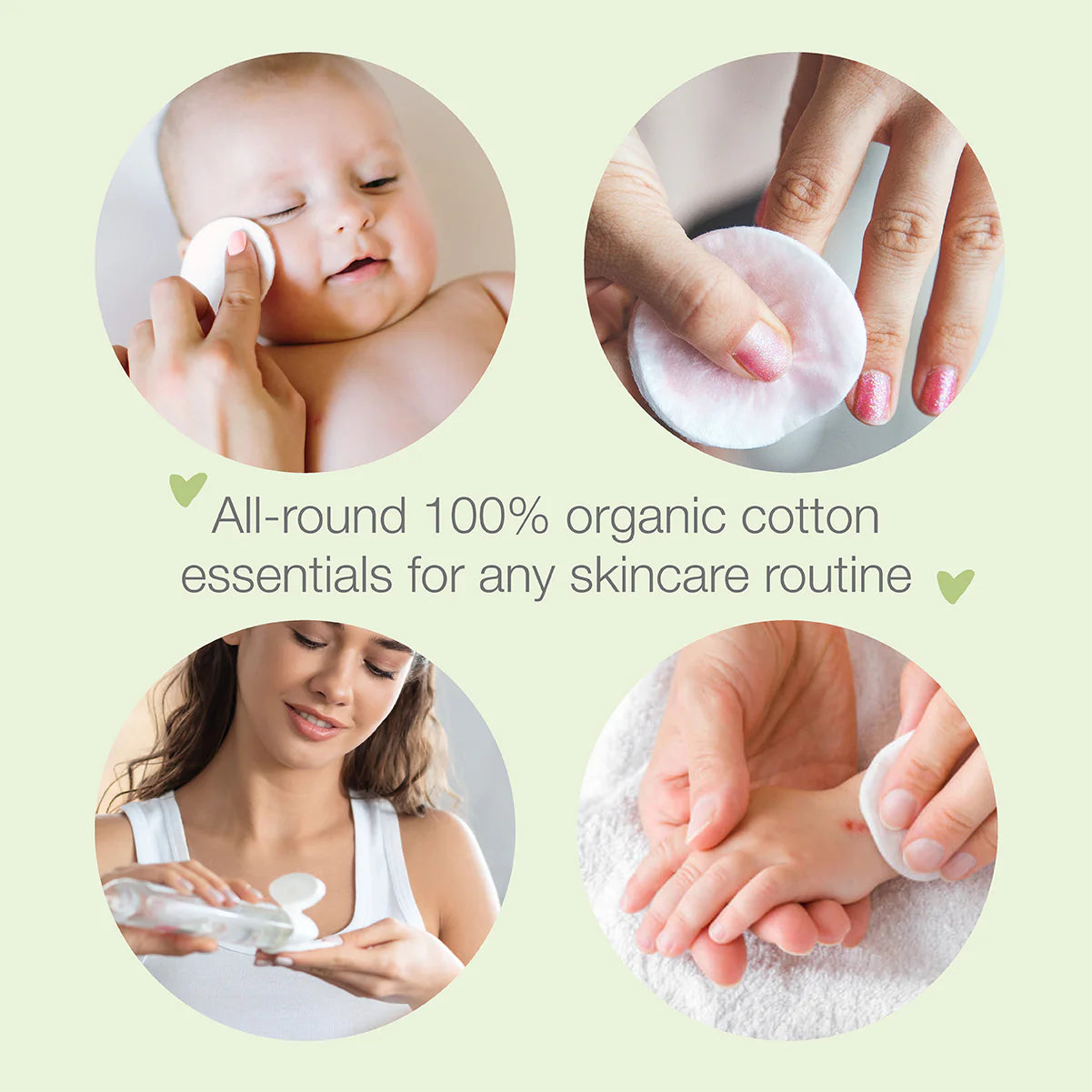 Collage of people using organic cotton pads with text on a light green background