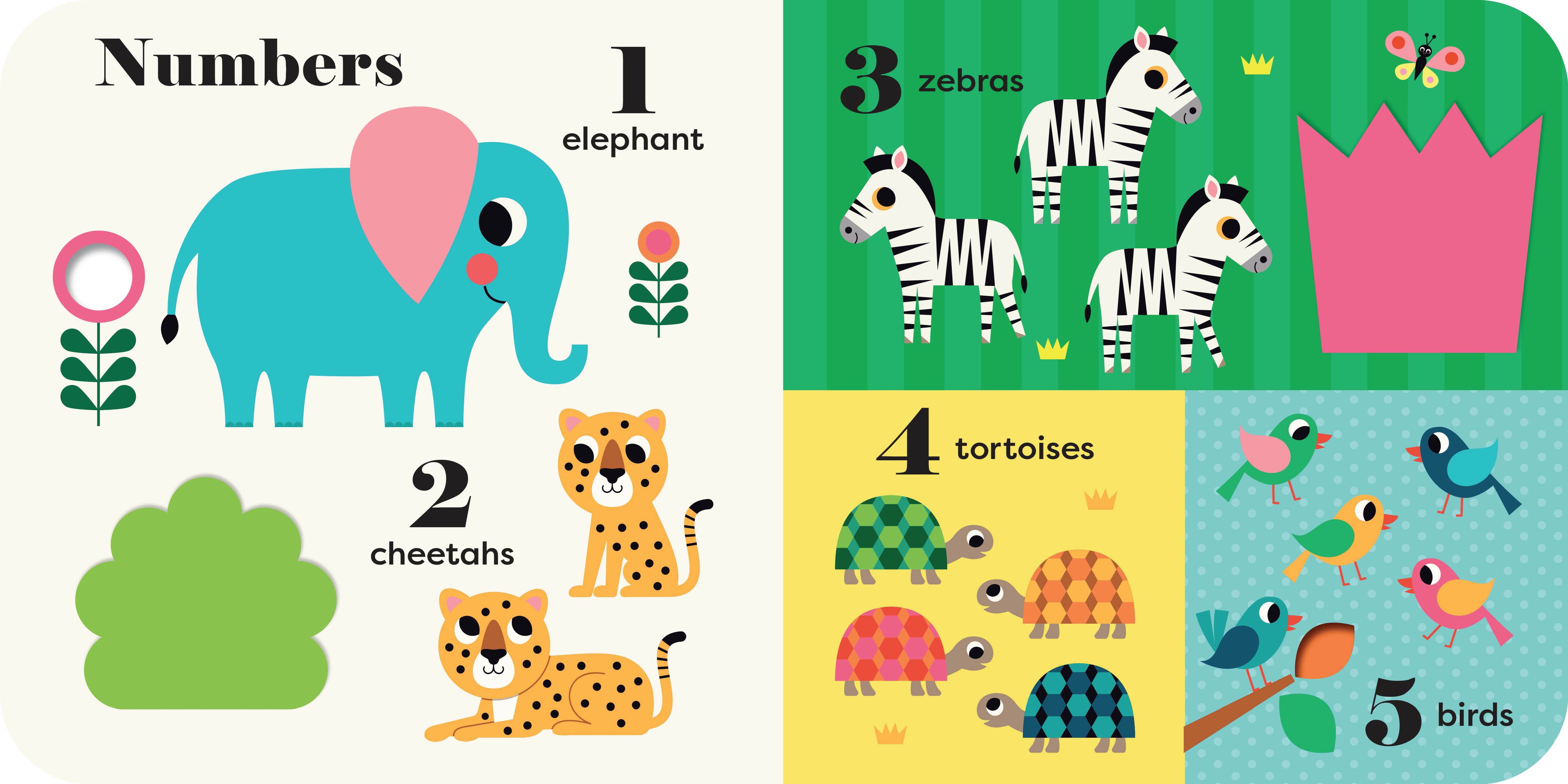 Educational book page featuring colorful illustrations of animals to teach counting numbers one through five