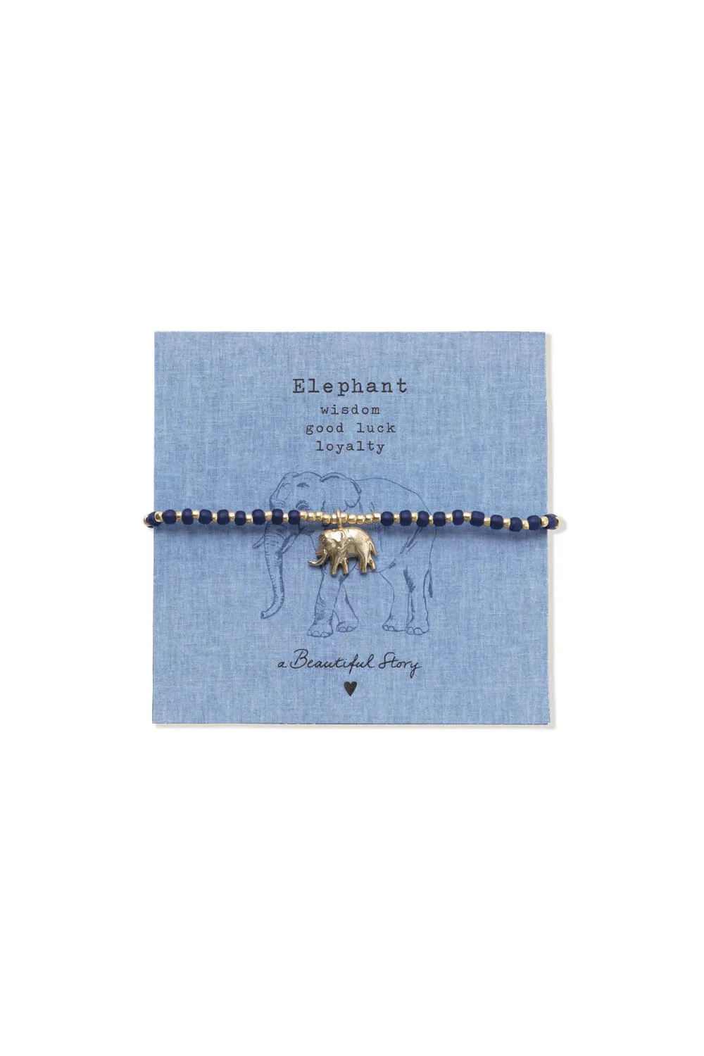 Bracelet with elephant charm on a blue card with text, brand 'a Beautiful Story' visible