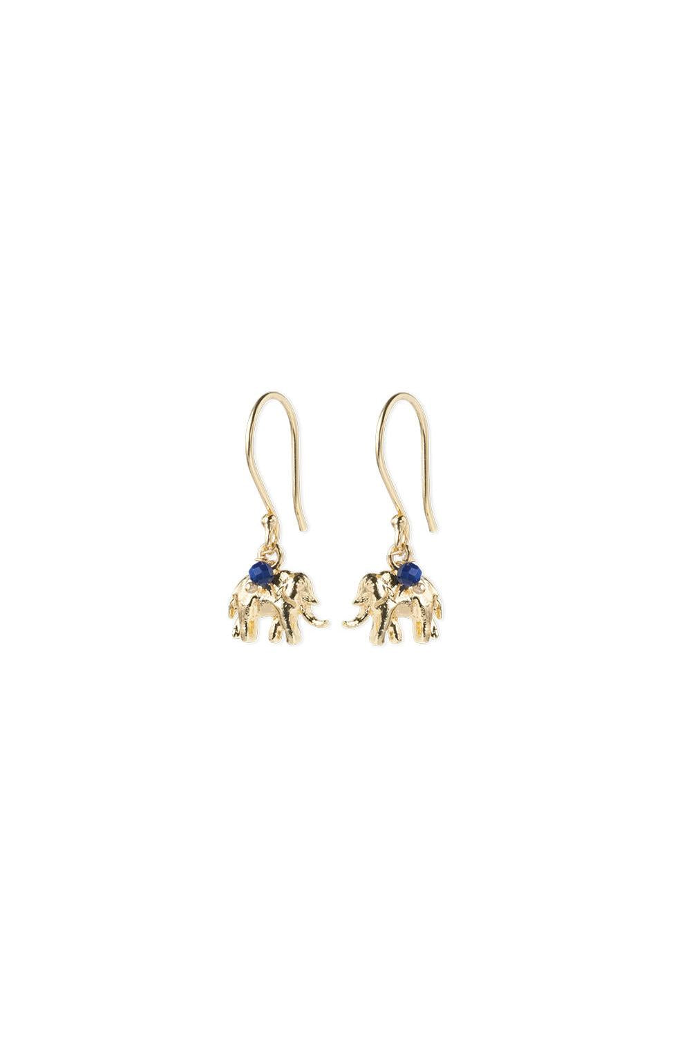 Gold elephant earrings with blue gemstones on a white background